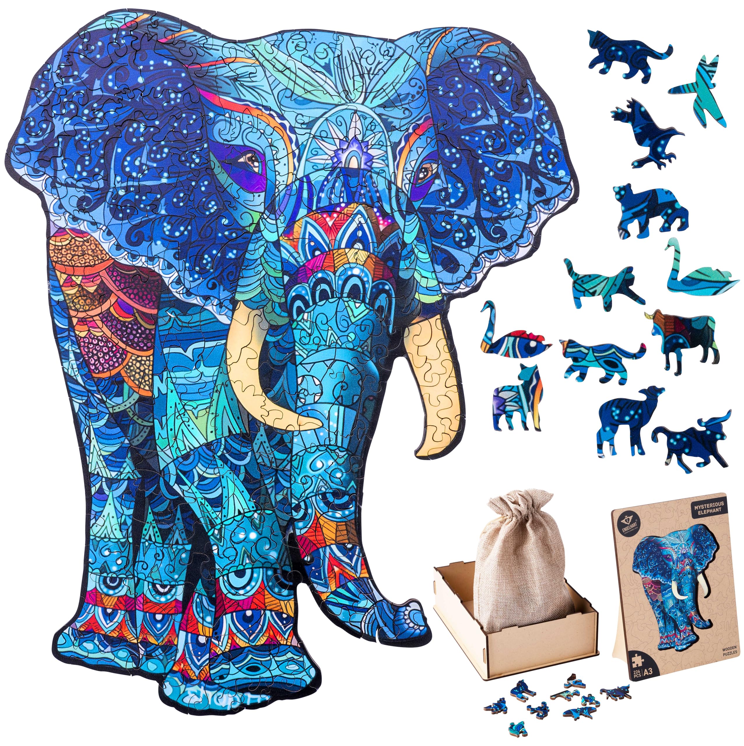 Engelhart - 602240 - Rompecabezas de Madera Animales: Elefante A3 - Forma de Madera Única de 224 Piezas - para Adultos - Caja de Regalo - A Partir de 12 años - 29.7 x 42 cm