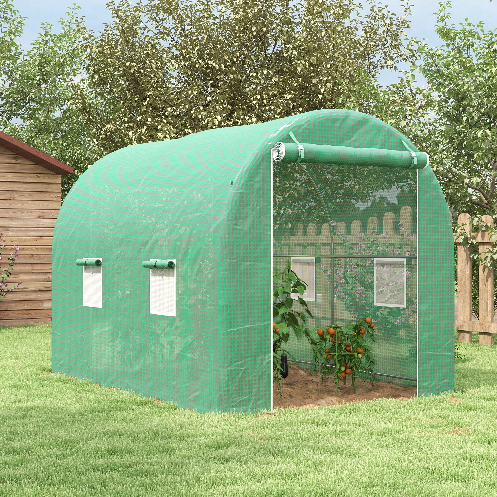 Outsunny Serra da giardino tunnel telaio tubolare rinforzato porta con cerniera finestre arrotolabili verde (300x200x205cm)