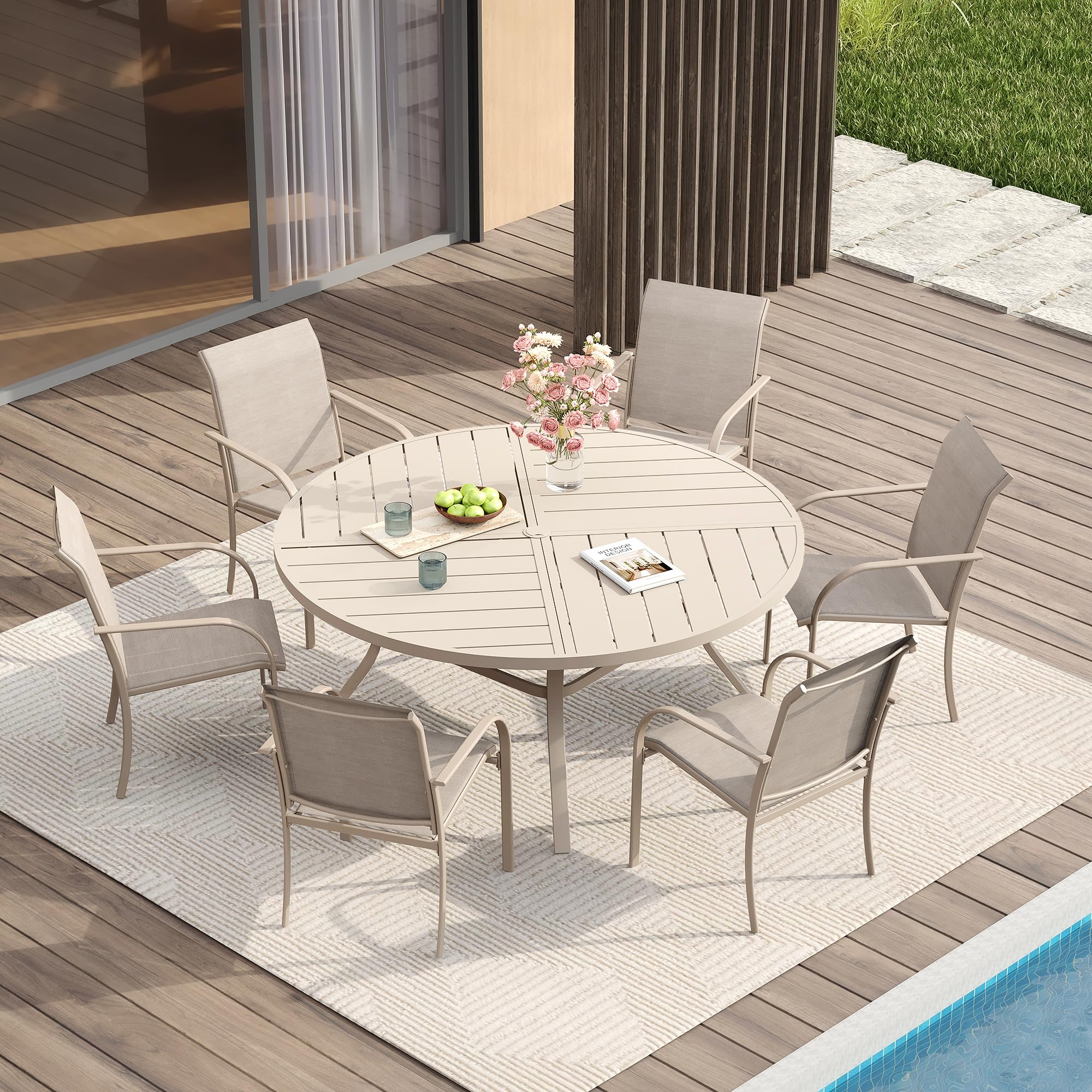 VICLLAX Patio Table and Chair Set of 6, All Weather Metal Round Outdoor Dining Furniture Set-50 Round Outdoor Table and Chairs, Sandshell Tabletop