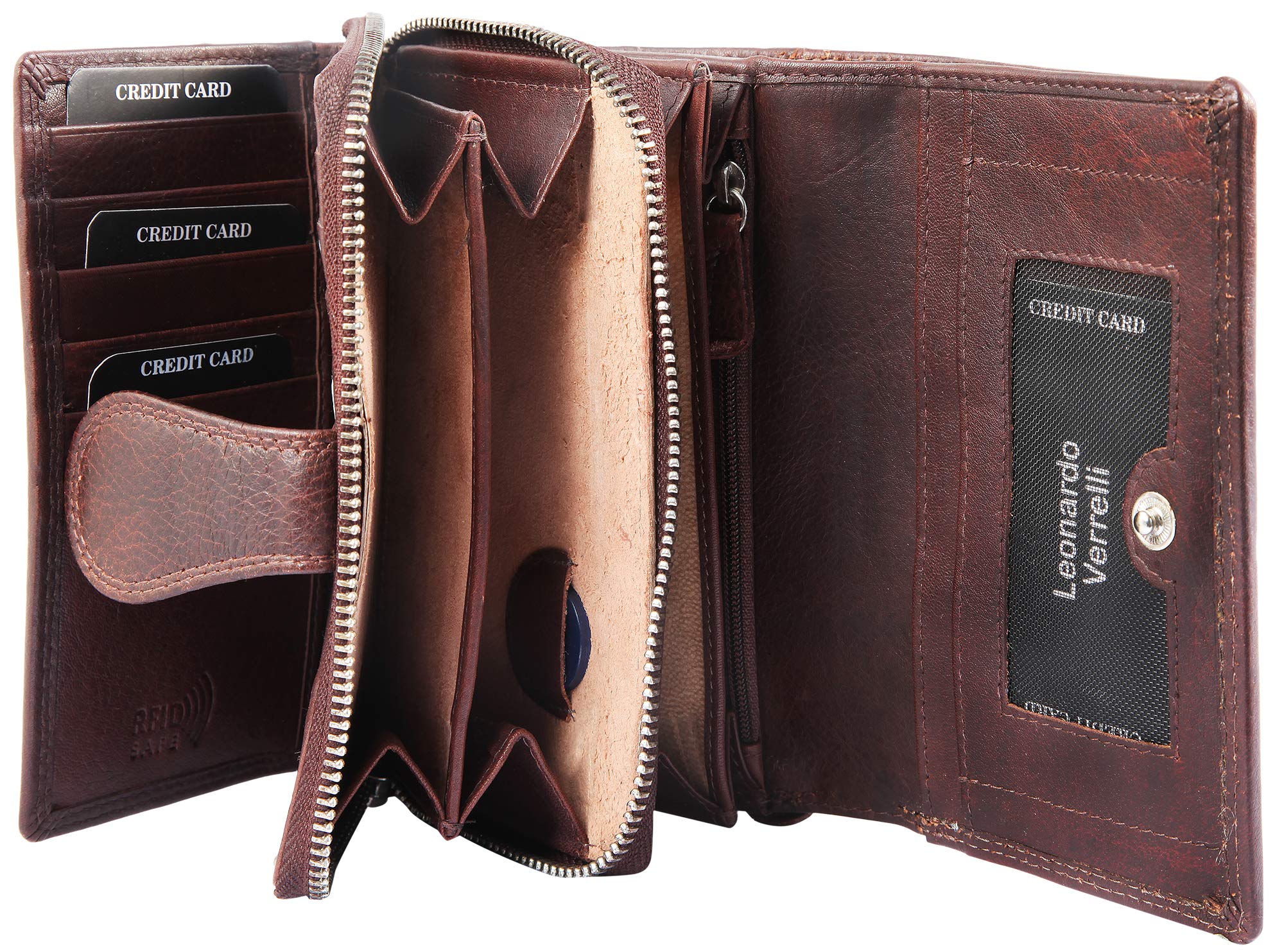 Portamonedas Monedero para hombre de piel auténtica, 15 x 10 cm, RFID Safe, marrón oscuro, Clásico