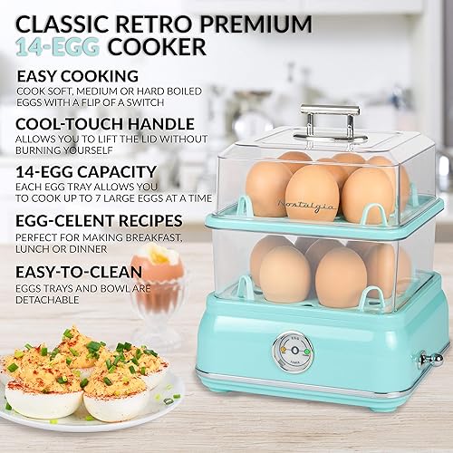 Miniatura 2 de Nostalgia CLEC14AQ Retro Premium Cocedor Eléctrico de Huevos Duros Grande de 14 Huevos, Escalfados, Revueltos, Tortillas, Claras, Sándwiches, para