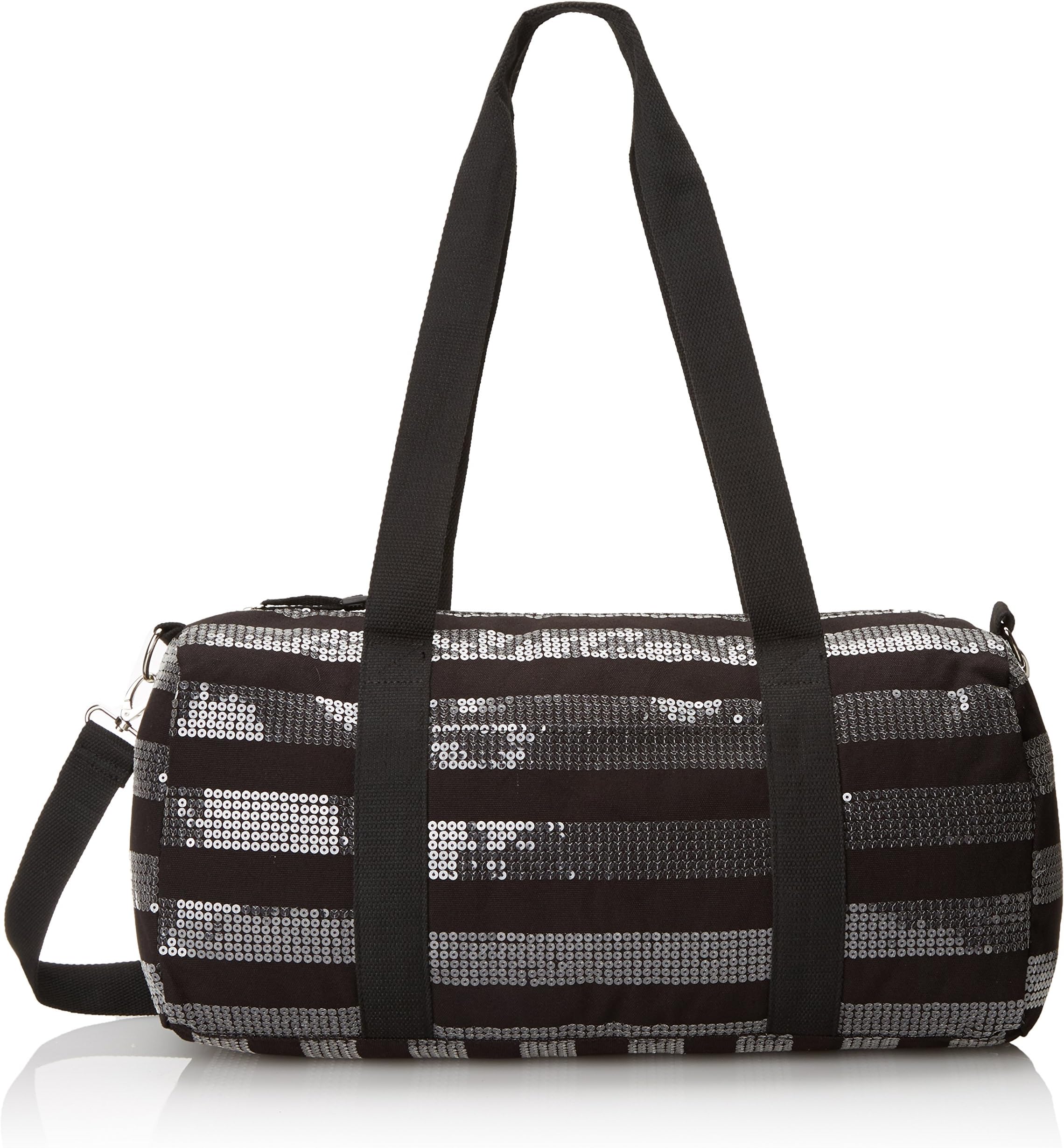 Canvas With Sequin Stripe and Webbed Straps Duffle Handbag, Black, One Size