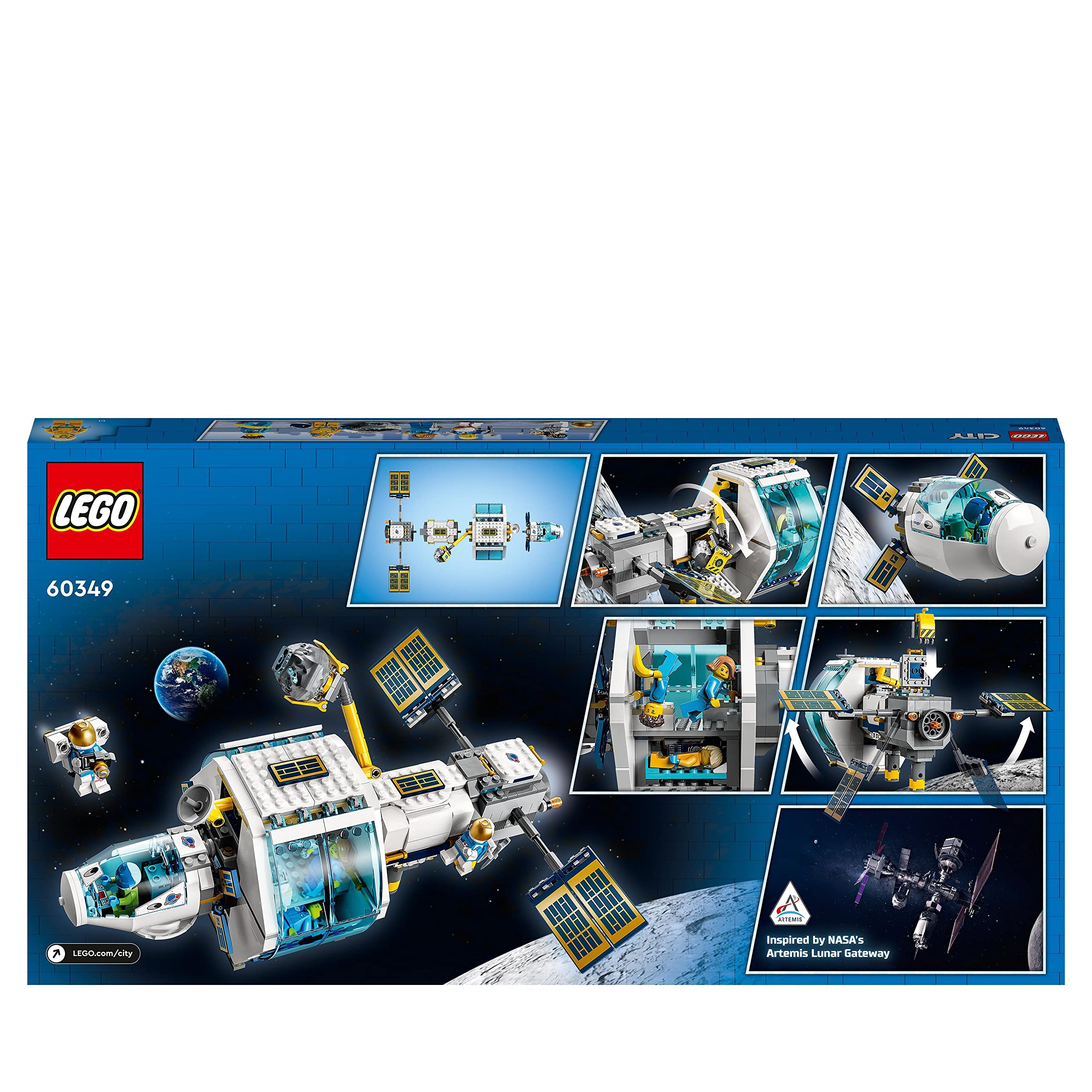LEGO 60349 City Estación Espacial Lunar, Juguetes Espaciales Inspirados en NASA, 5 Mini Figuras de Astronautas, Reyes y Cumpleaños para Niños