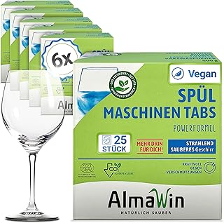 AlmaWin® Spülmaschinentabs [6x 25 Stück] mit Powerformel für strahlend sauberes Geschirr - Öko Spülmaschinentabs für leichte Dosierung - Kraftvolle Geschirrspültabs - Ohne Phosphat, Bio & VEGAN