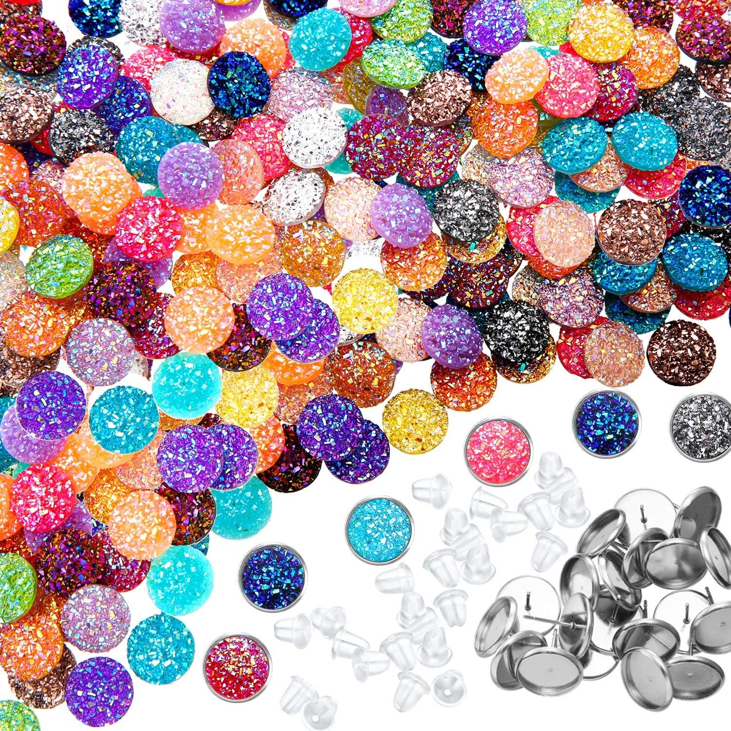 Maitys BOAO 200 Pcs 20 Colors Druzy Resin Cabochons Stainless Steel Stud Earring, Faux Druzy Cabochons Round Flat Back Dome for Jewelry Making, DIY Craft(10 mm,Silver Stud Earring)
