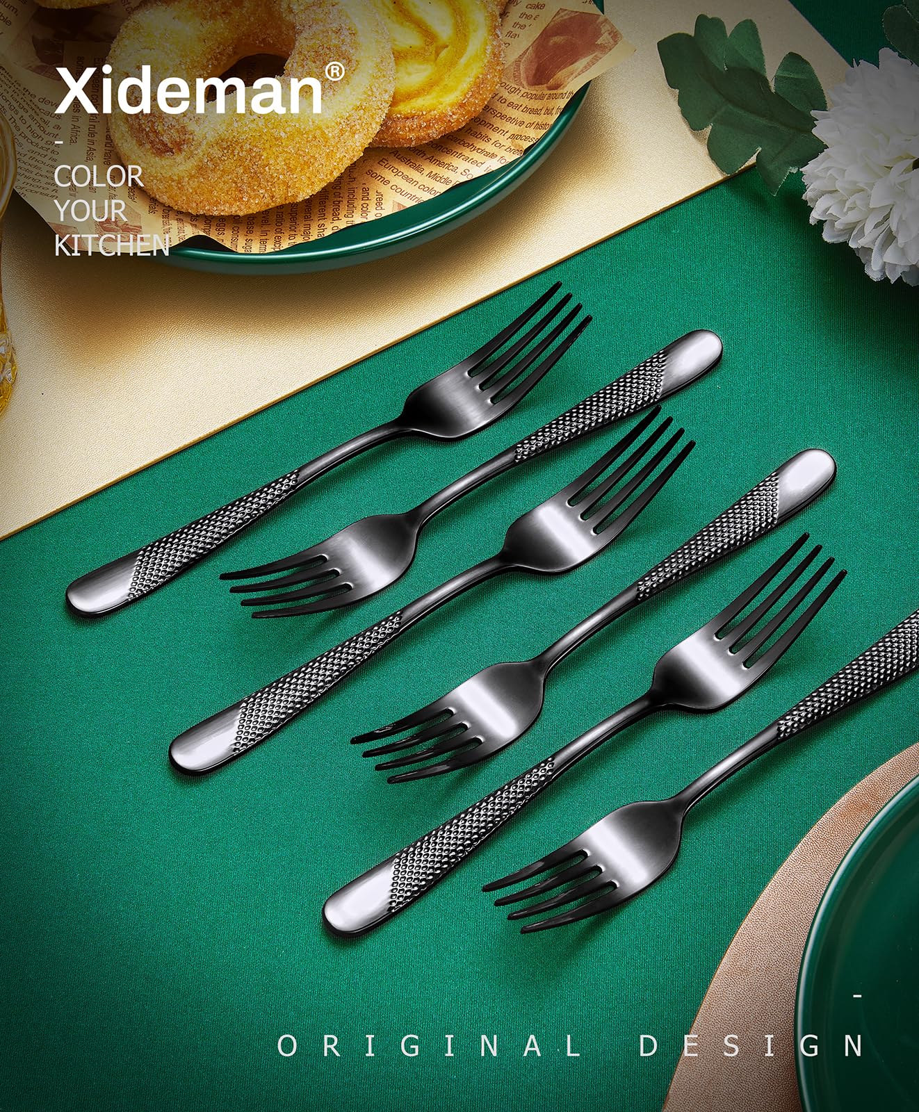 12-teiliges Premium gehämmerte Salatgabel-Set (17 cm), 18/10 Edelstahlgabeln, Besteck, hochglanzpolierte Dessertgabeln für Zuhause, Küche, Restaurant, spülmaschinenfest (schwarz)