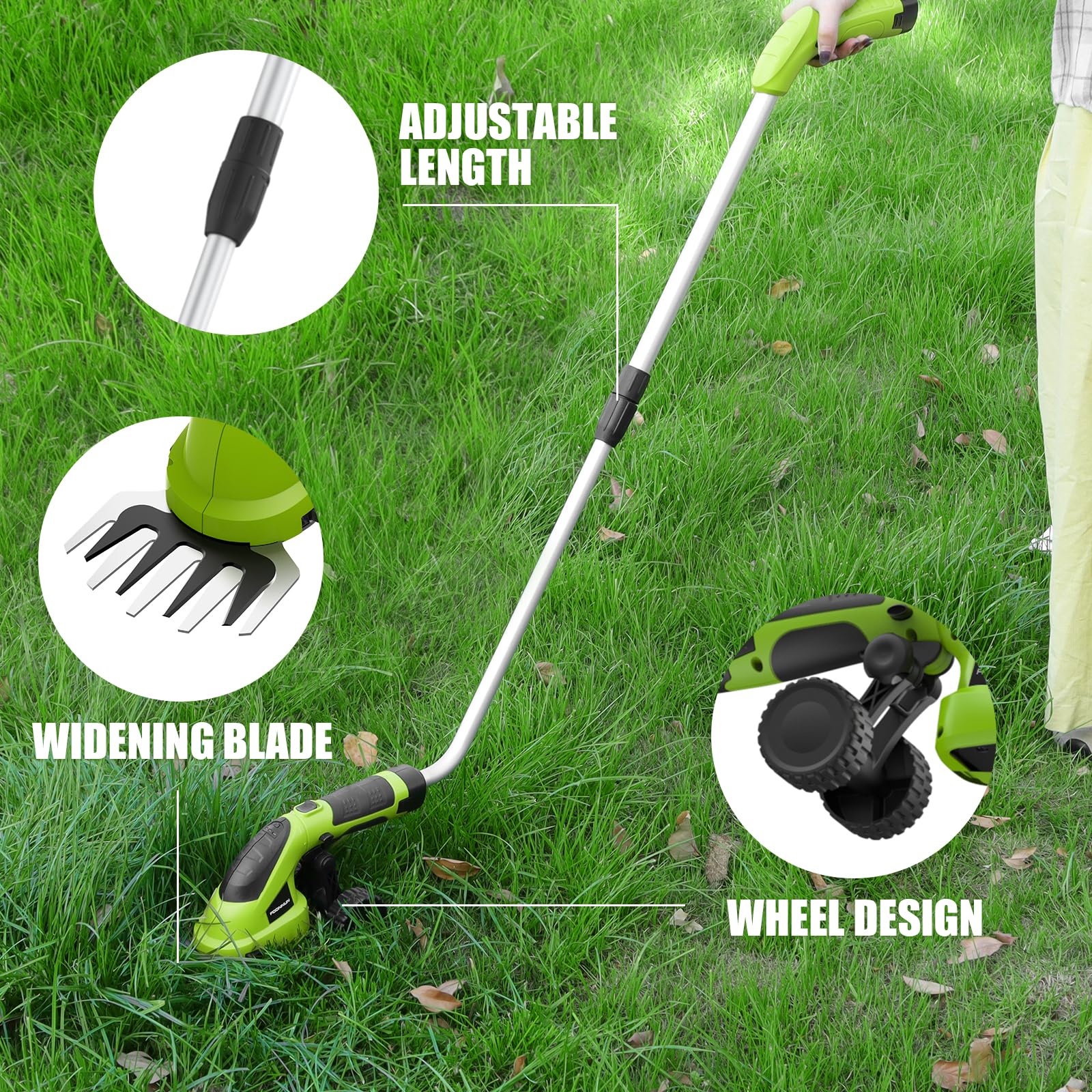 Cisaille Sculpte-Haie Électrique et Taille-Herbes Téléscopique sans Fil 7,2V, Cisaille à Gazon 2 en 1, Poignée Rotative à 180°, Batterie 2000mAh et Câble de Charge, pour Couper Gazon/Buisson
