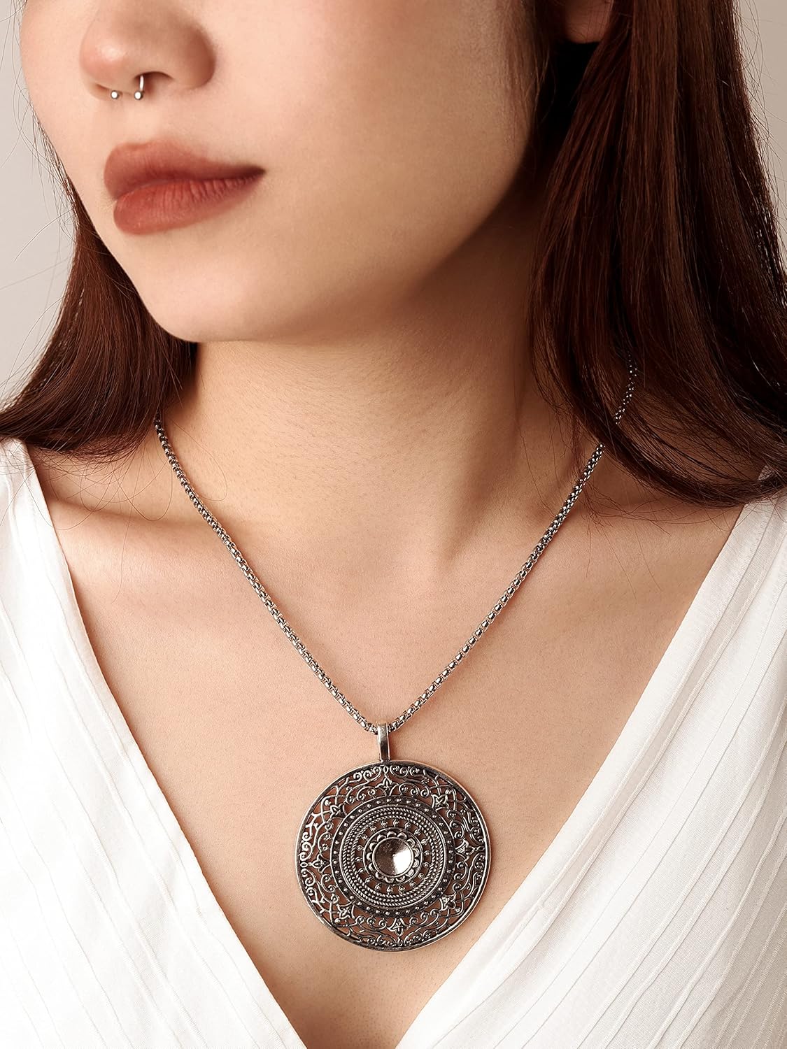 HAQUIL Vintage Tibetan Mandala Flower Necklace for Women, Round Mandala Charm Necklace, Antique Floral Statement Pendant Necklace, Women Jewelry Gift - Image 3