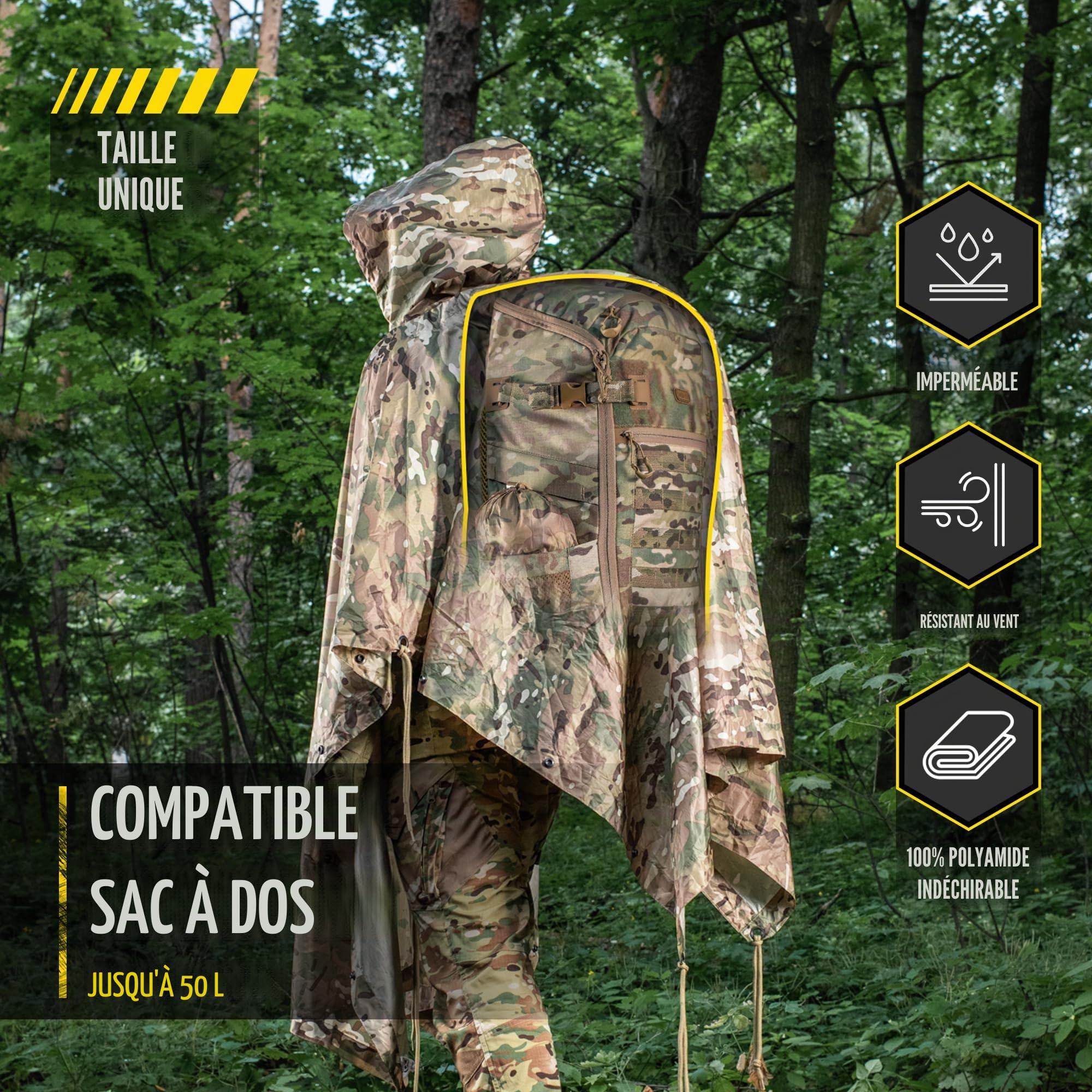 M-Tac Poncho de pluie tactique – Poncho militaire militaire – Imperméable Ripstop Camping Randonnée chasse en plein air Ponchos de pluie