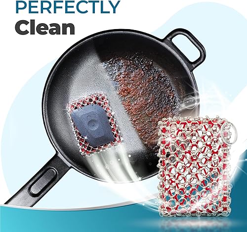 Miniatura 10 de Limpiador de hierro fundido, esponja de hierro fundido, acero inoxidable 316, malla de triple anillo, limpiador perfecto para sartenes de hierro