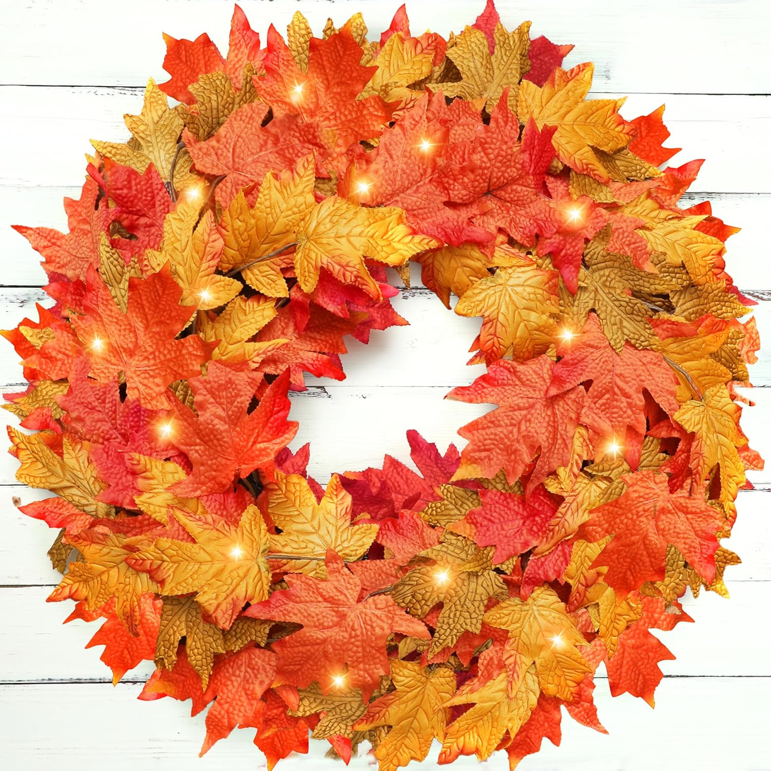 26 Inch Lighted Large Fall Wreaths for Front Door, Autumn Reef with Lights Timer Featuring 90 Orange Silk Maple Leaf Fall Door Wreath for Thanksgiving Harvest Decor, Outdoor Indoor Porch Decorations Fall Wreath Orange
