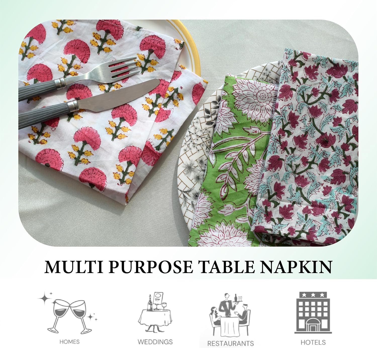 Assorted 10 Pcs Napkins Set 18x18 Inches Hand Block Floral Multicolor Printed Washable 100% Cotton Bohemian Weddings Napkins Mix and Match Reusable Cocktail Table Cloth Dinner Napkins