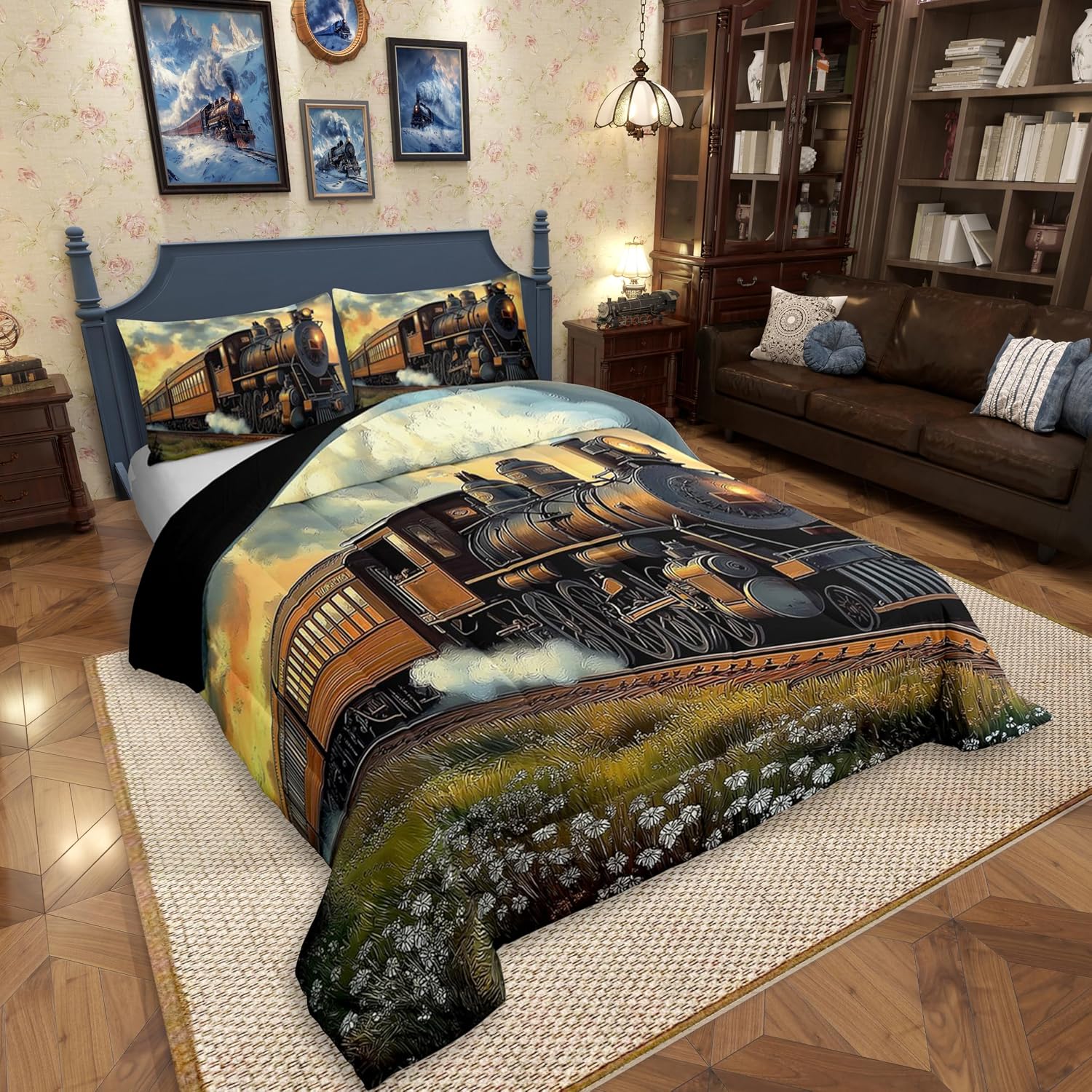Erosebridal Boys Vintage Train Bedding Set King Size,Steam Train Railroad Comforter Set for Kids Adults,Transportation Trains Bedding Comforter Sets Rustic Country Quilt Bed Set 3Pcs Room Decor image 2