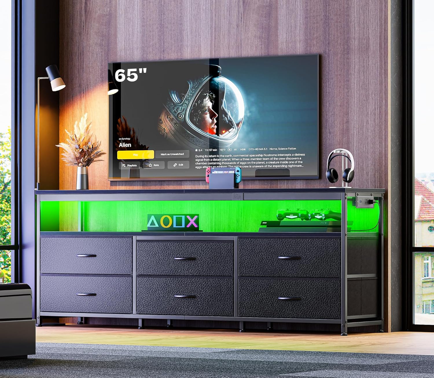 Huuger 63 Inch TV Stand for 55, 65, 70 Inch TV, Long Dresser TV Stand for Bedroom, Black LED TV Stand with Power Outlets, Fabric Drawer Dresser with Storage, Entertainment Center for Living Room 63 inch Black