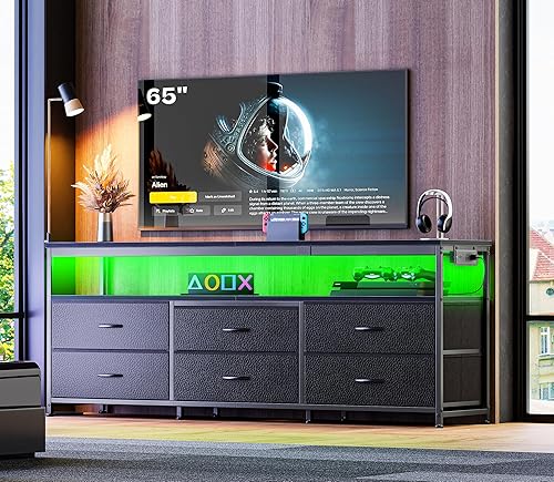 Miniatura 14 de Huuger Soporte de TV LED para dormitorio, cómoda de tela de 55 pulgadas con enchufes eléctricos, centro de entretenimiento para TV de 60, 55, 50