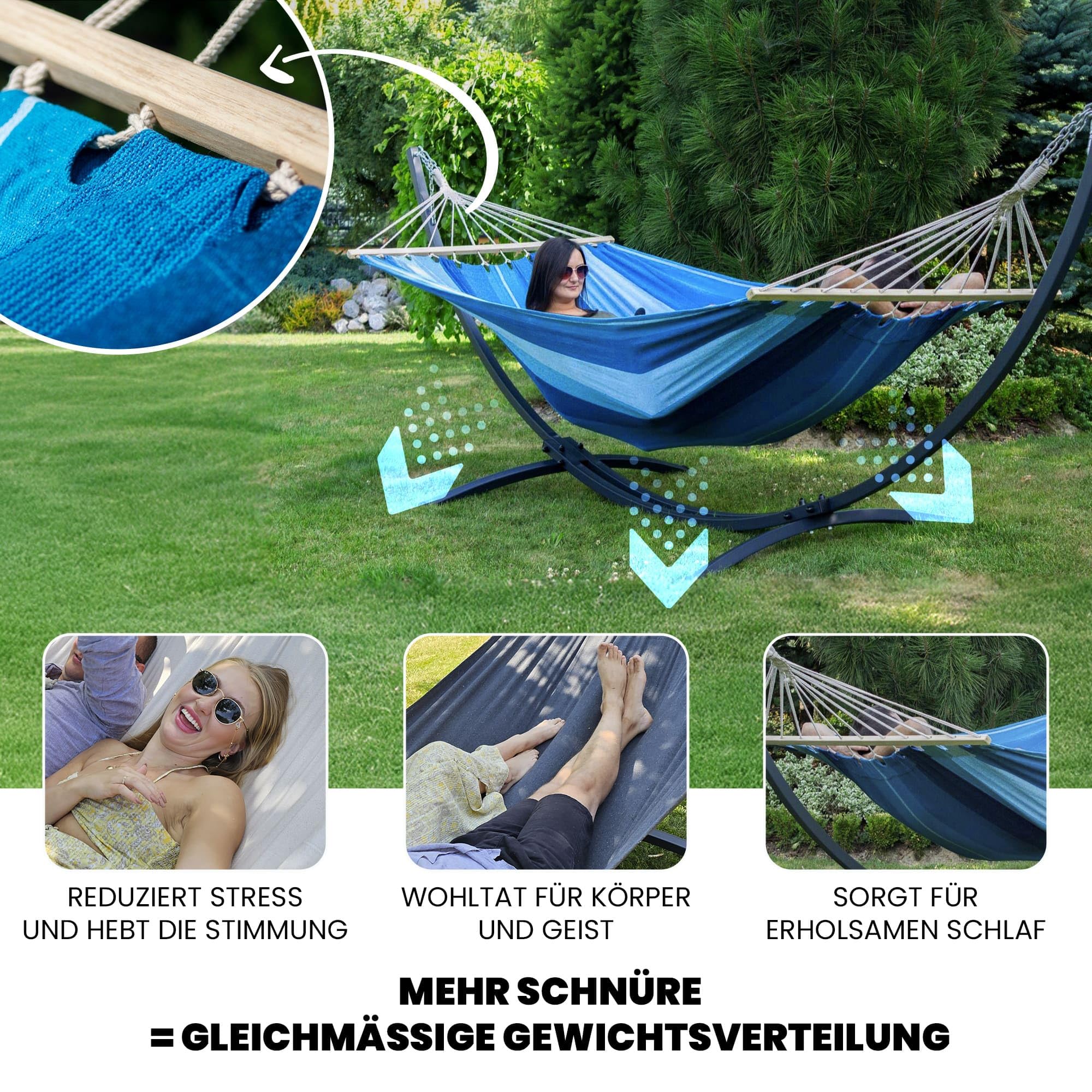 Potenza Outdoor Hängematte mit Gestell für 2 Personen I Stabhängematte XXL 220x160, 200kg I Hängemattengestell 220kg Wetterfest (Blau, Basic Gestell Graphit)