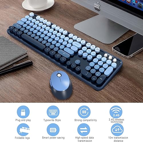 Miniatura 4 de Combo de teclado y mouse inalámbricos, teclas redondas retro, lindo teclado de tamaño completo, conexión sin abandono de 2.4 GHz y mouse óptico para