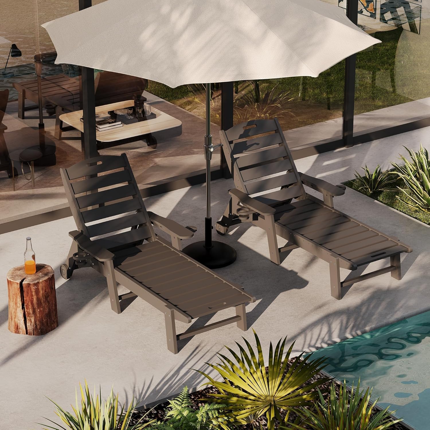 Chaise Lounge Outdoor, Lounge Chair Outdoor with Rolling Wheels, Adjustable 5-Position Backrest, HDPE Lounge Chair with Cup Holder for Patio, Lawn, Garden, Poolside, Grey