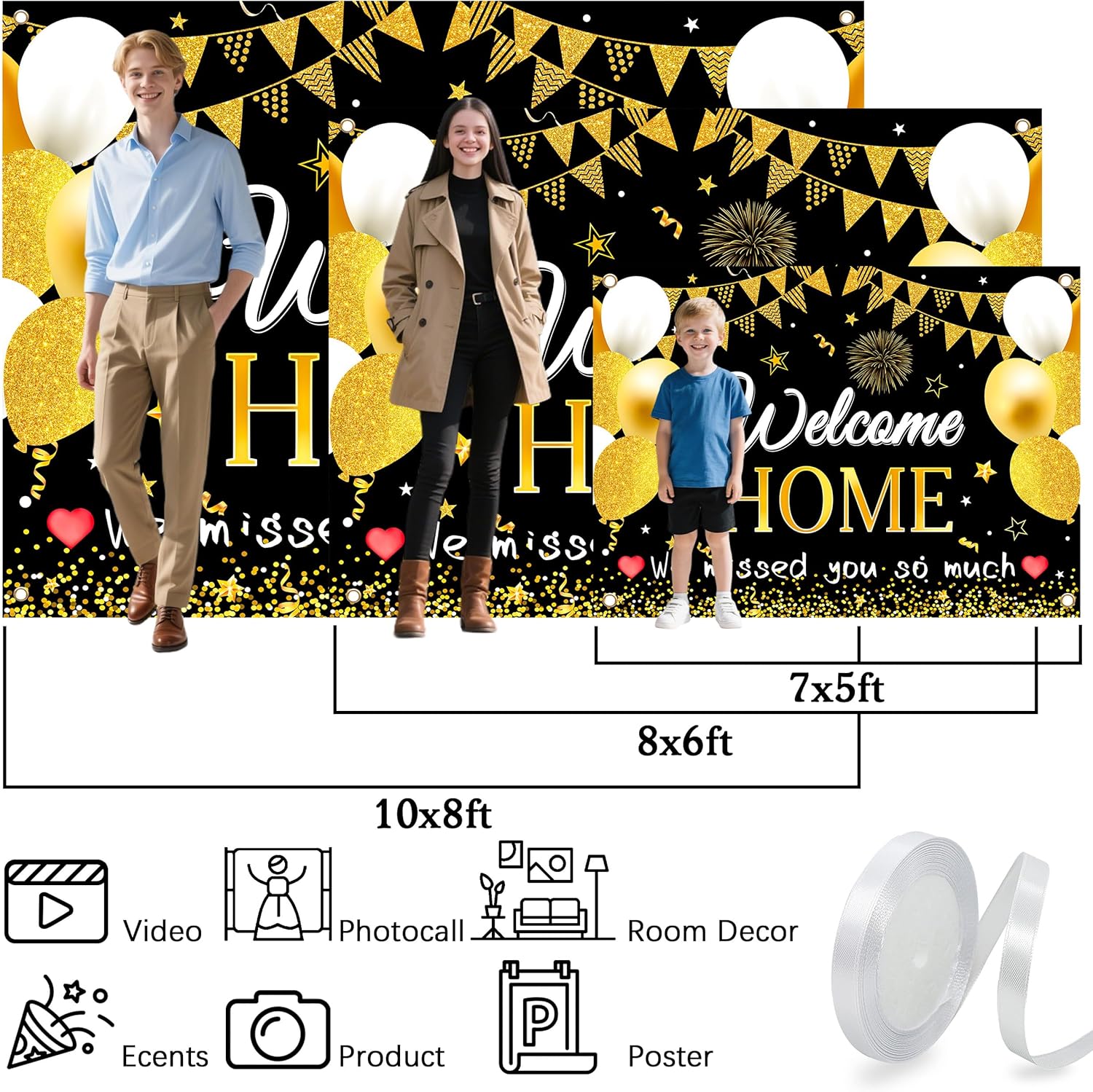 Welcome Home Backdrop 10X8 ft Large Party Background Decoration,Black and Gold Design with Balloons and Banner Flags, Photo Background for Homecoming Celebrations