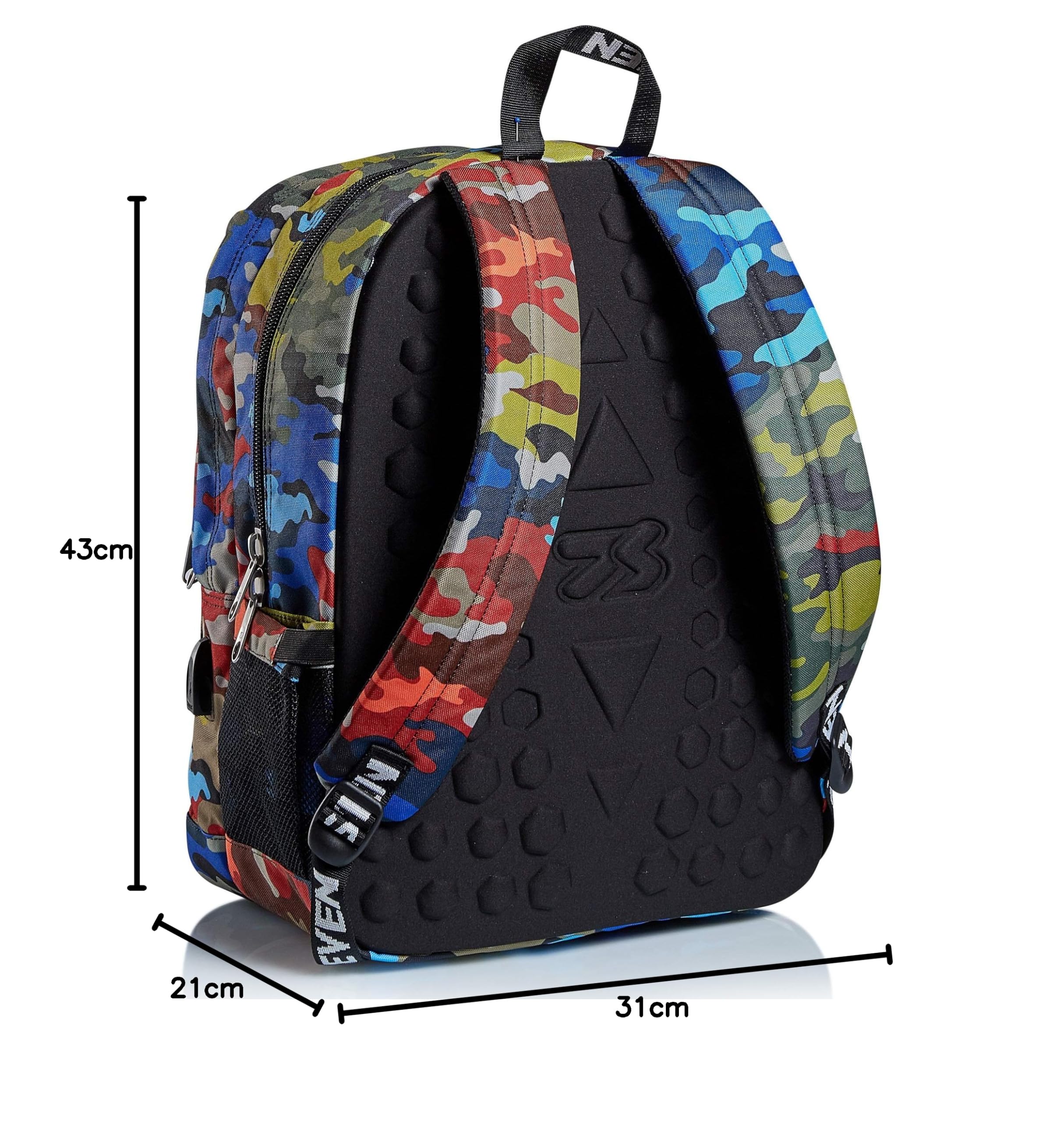 Seven Schulranzen, Geräumige Schultasche für Teenager, Mädchen und Jungen, mit Trinkflaschenfach und USB-Anschluss, für Schule, Sport, Freizeit, Geschenkidee, mehrfarbig