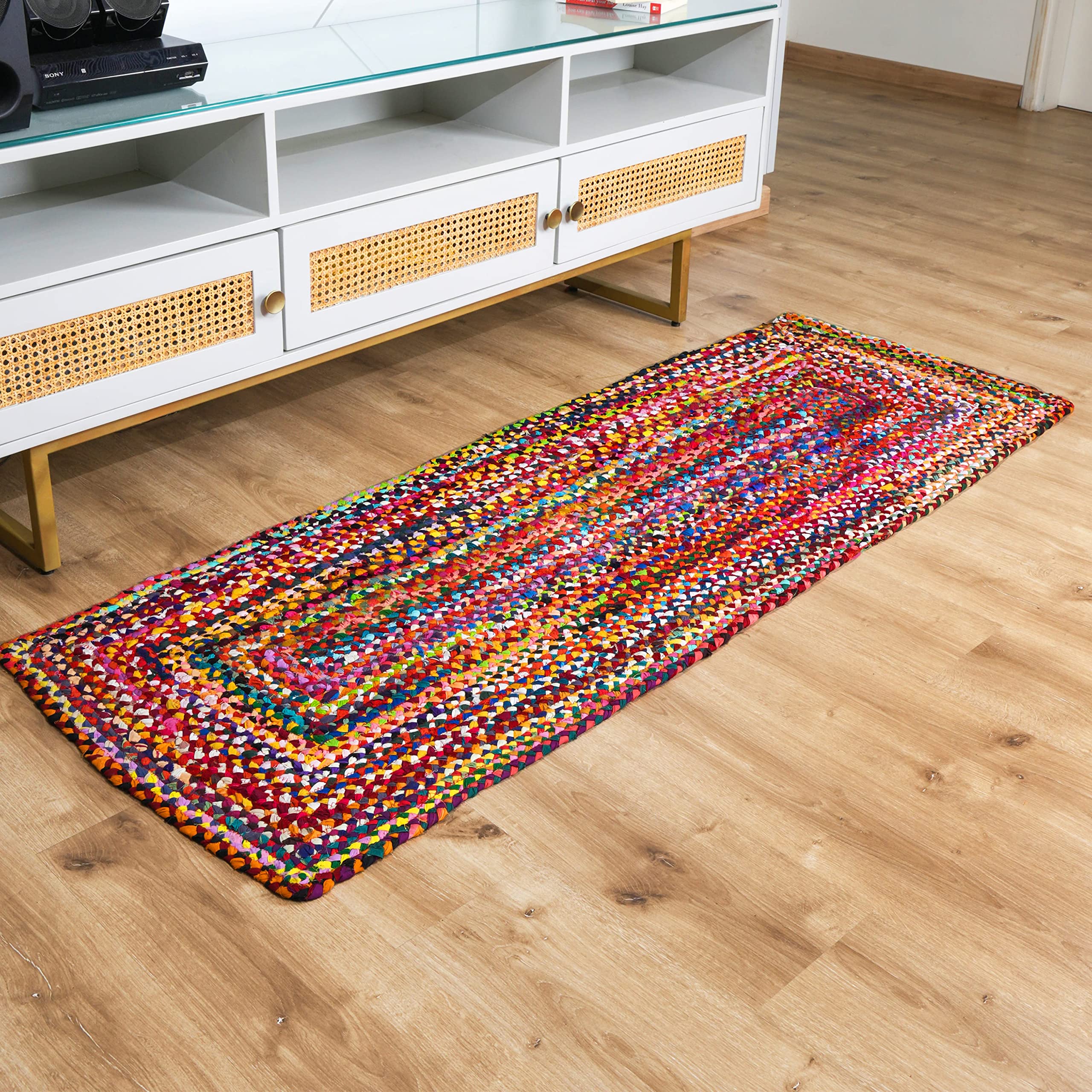 RAJRANG Cotton Chindi 2'x 6' Rug Runner Boho Decorative Hand Braided Multicolor Bohemian Area Rugs