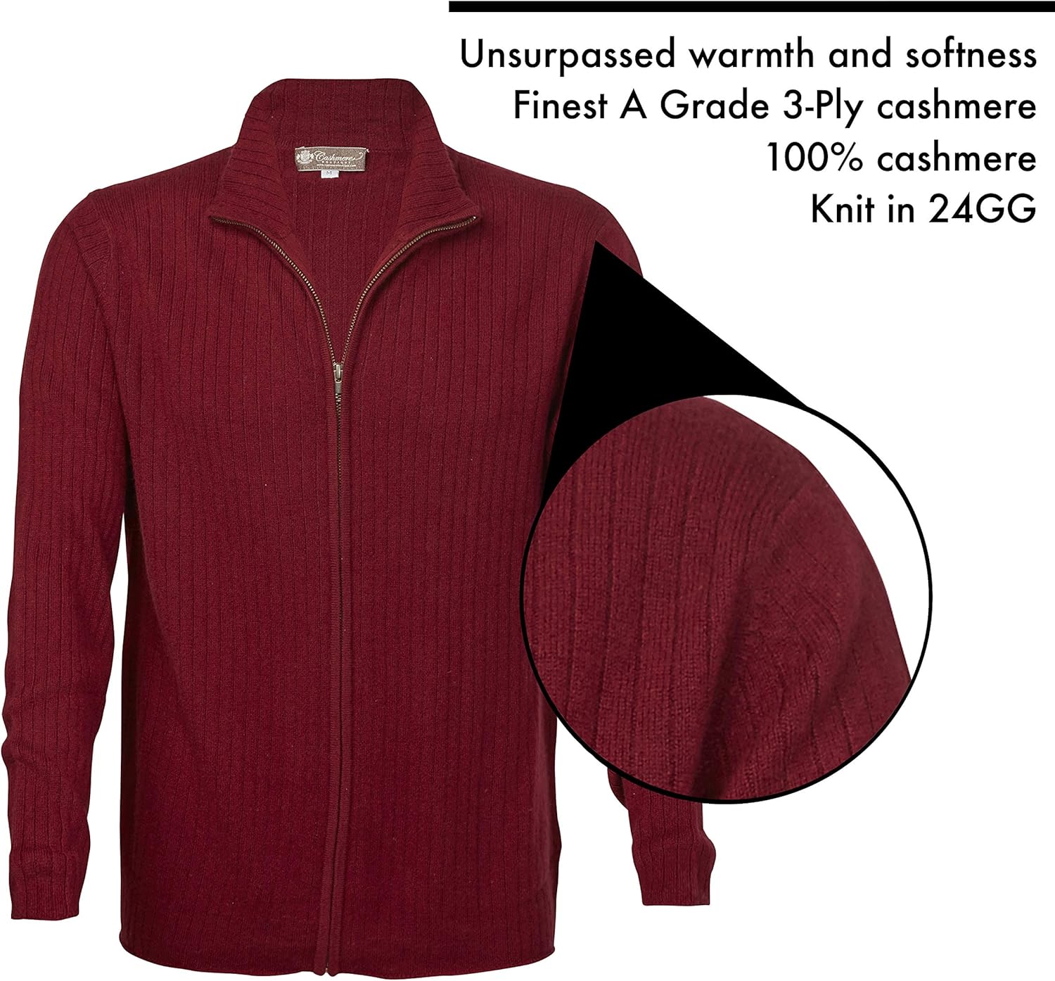 Cashmere Boutique 100% Pure Cashmere Essentials Full Zip Sweater Men – Long Sleeve, Lightweight and Warm Cardigan Jacket