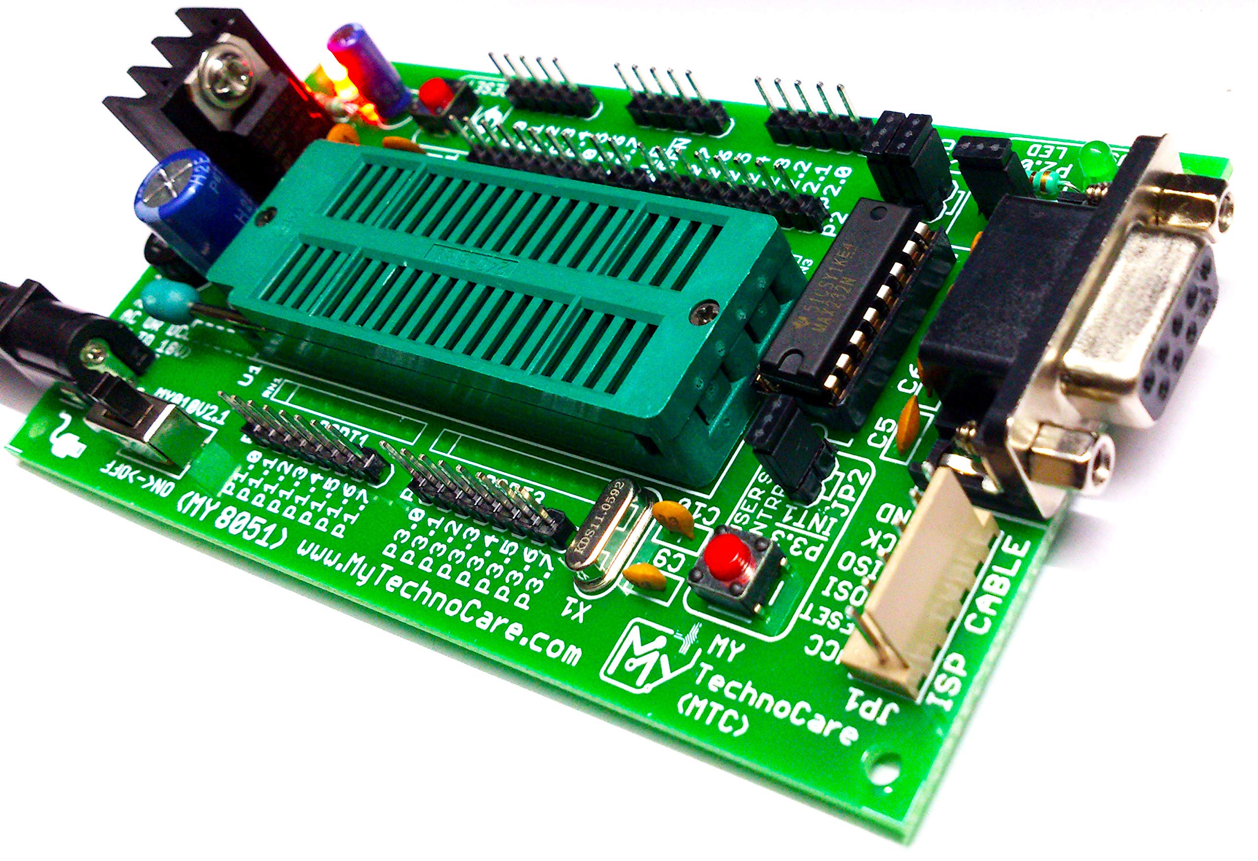 MY TechnoCare 8051 Development Board with ZIF Socket +Onboard MAX232 | Compatible for Atmel & other 8052,8051 Architecture 40-Pin Chip | Prototype PCB Project Kit (Without Microcontroller AT89S52 IC)