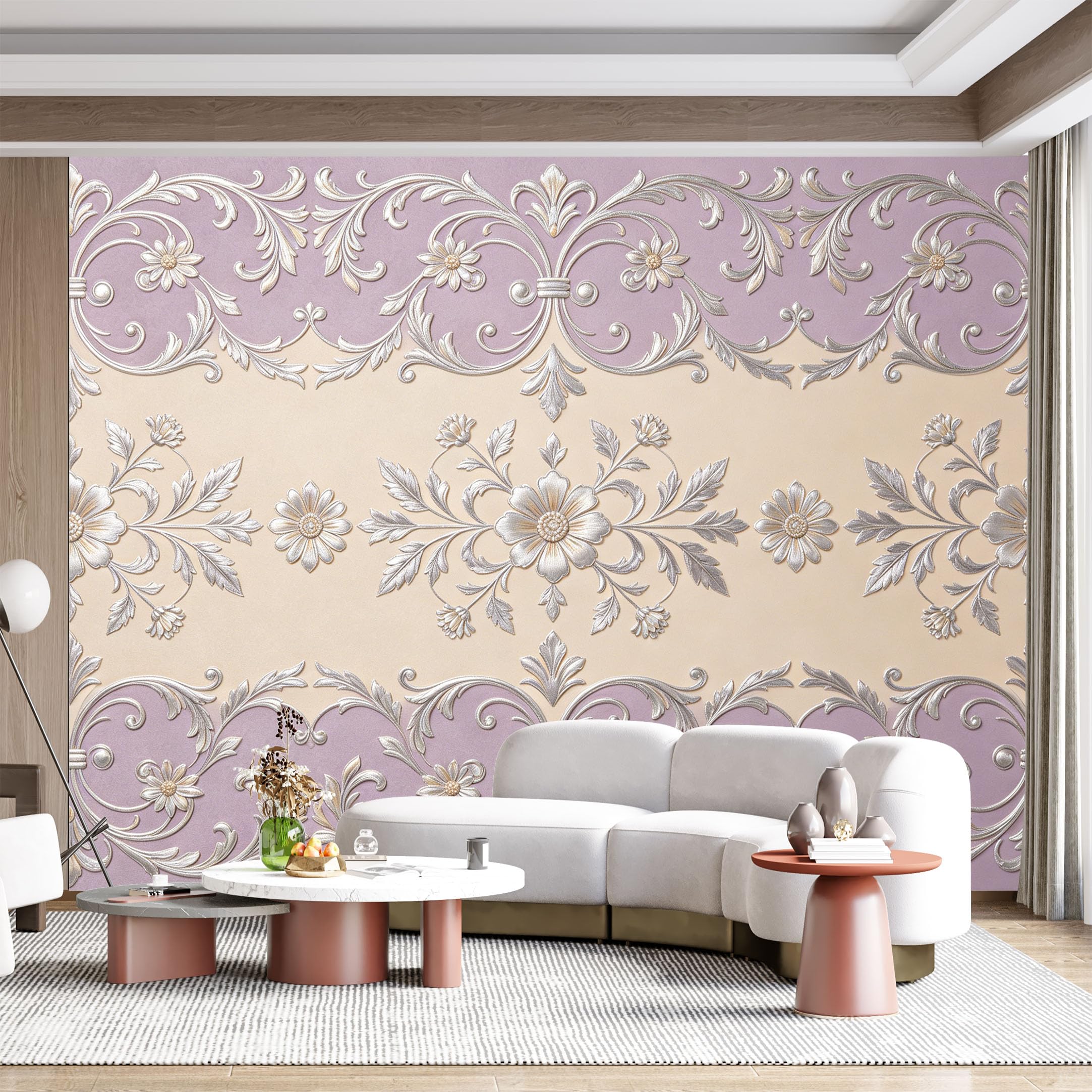 Custom Size Wall Mural Baroque Floral Ornament European Classic Embossed Relief Effect SelfAdhesive Wall Fabric Removable for Home Office Decor