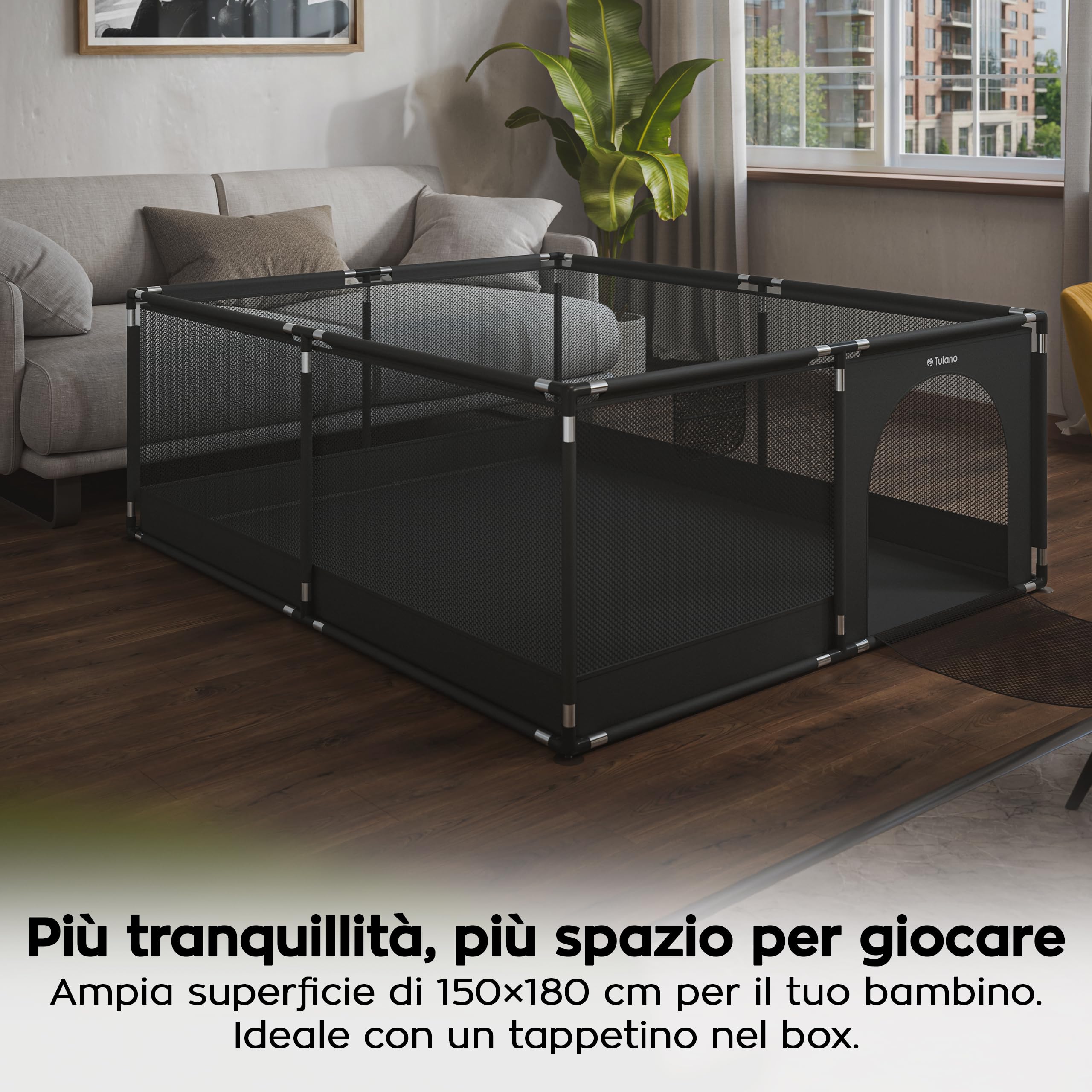 Tulano Cozy 25 Box per Bambini 150x180 cm 6-36 mesi Recinto Neonato con Fondo Struttura in Metallo Rete Traspirante Porta con Cerniera Borsa Inclusa Grafite