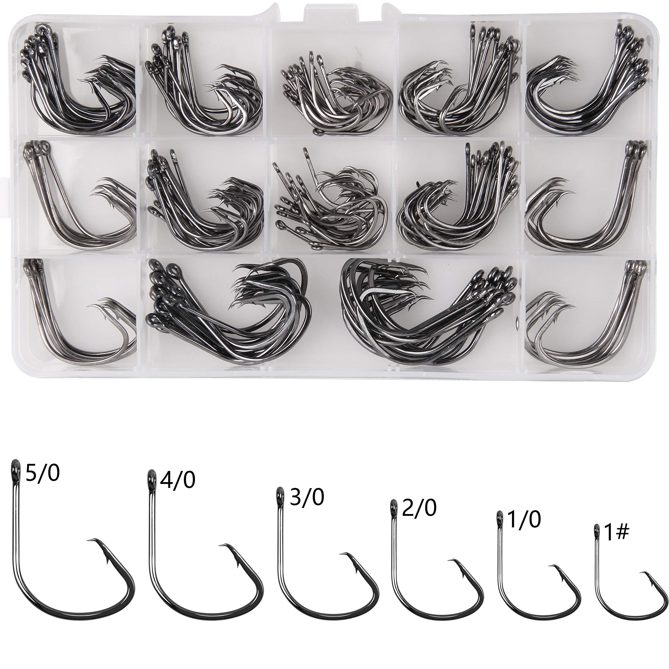 Circle Hooks Saltwater Fishing Hook Kit, 160pcs Offset Hooks Catfish Hook Sharp Octopus Fishing Hooks High Carbon Steel Sport Circle Hooks for Saltwater Freshwater Fishing Size:1#-5/0