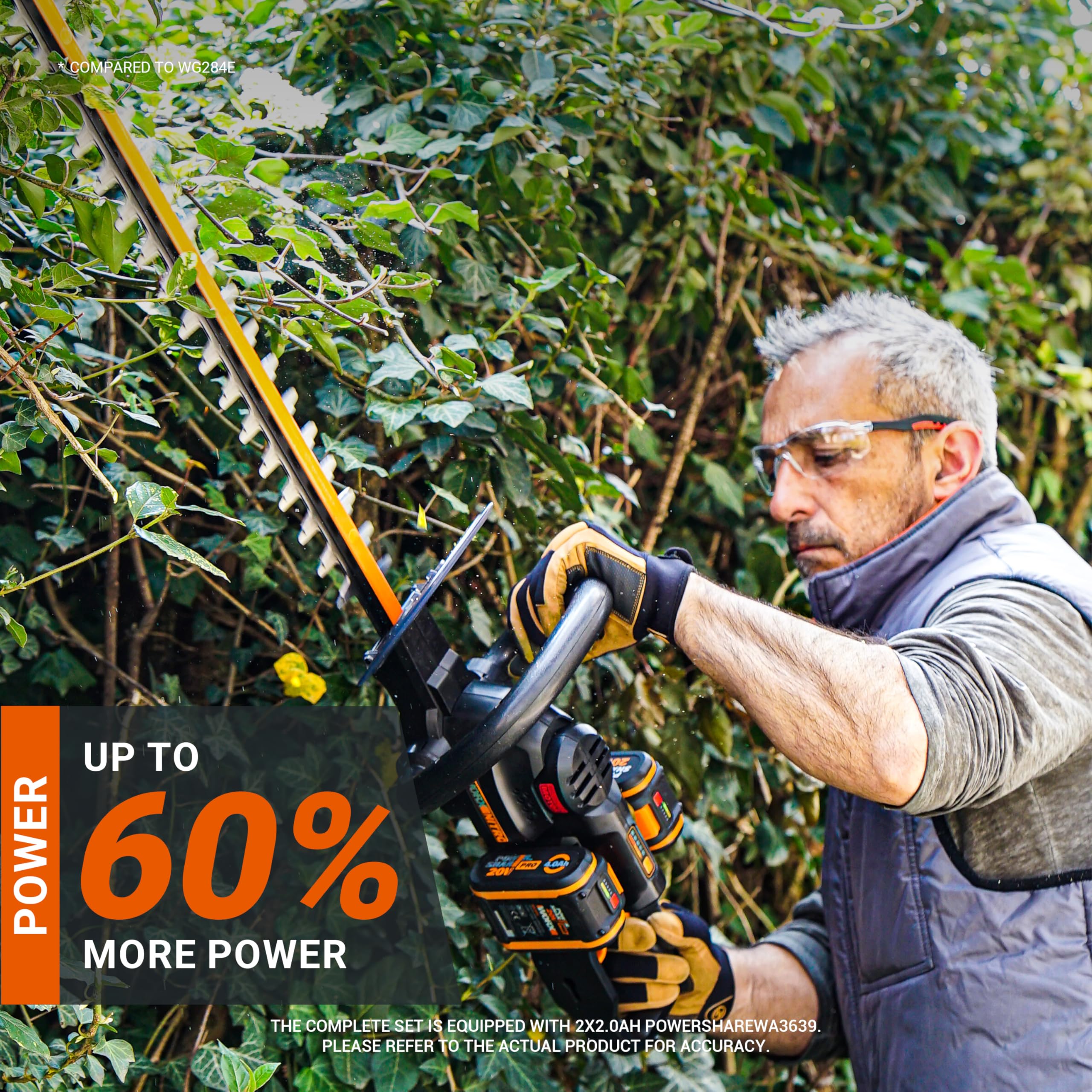 Worx WG286E - Cortasetos inalámbrico sin escobillas de 40 V y 61 cm, Cuchillas Cortadas con láser de Doble acción, Capacidad de Corte de 27 mm, Mango Giratorio de 180°, Incluye 2 baterías de 2.0 Ah y