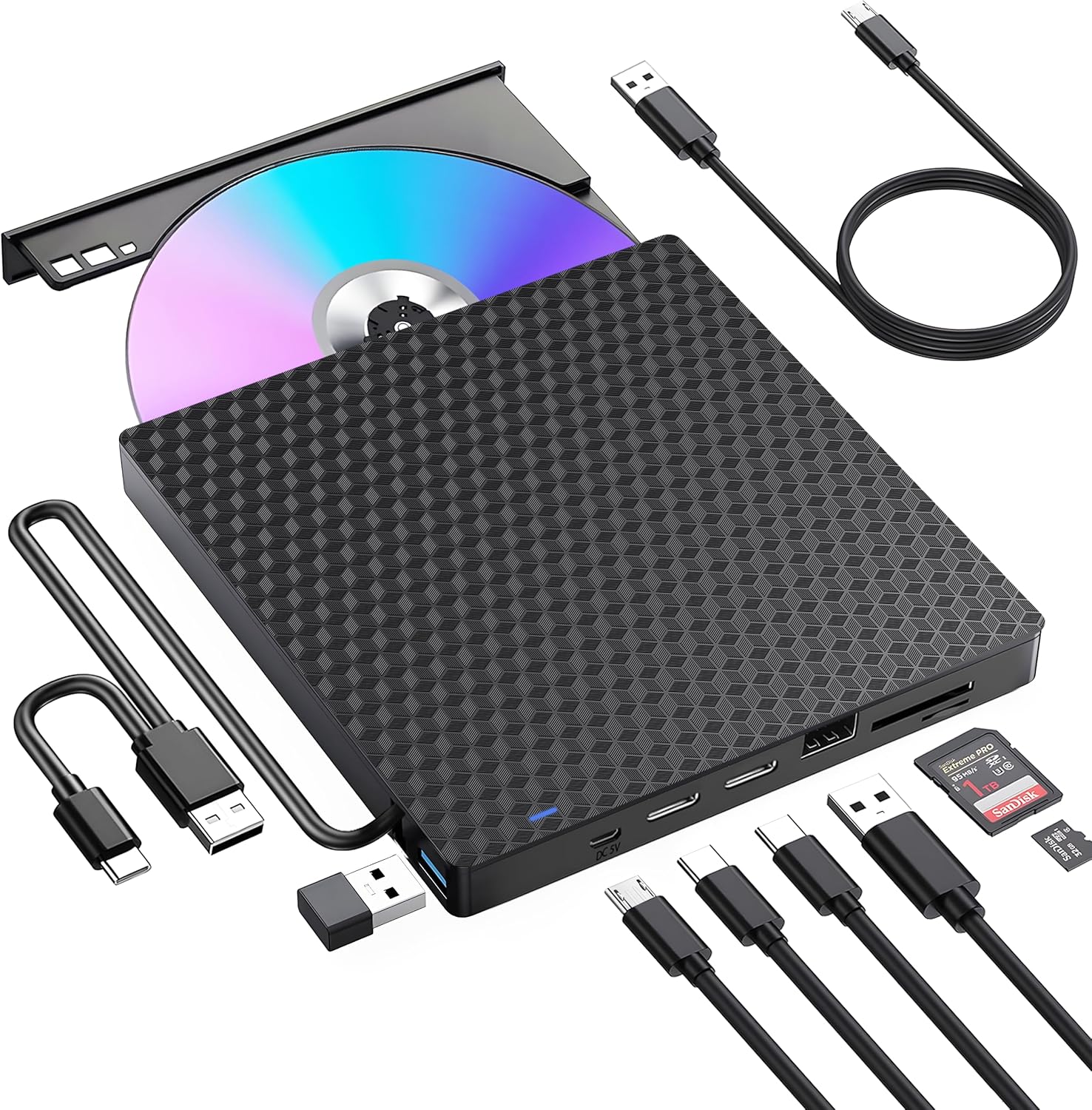 External CD DVD Drive for Laptop, USB 3.0 Optical Disc Drive,4 USB Ports and 2 TF/SD Card Slots,Portable CD/DVD Burner CD ROM External DVD Drive for Laptop Desktop PC Windows 11/10/8/7/XP Linux Mac OS - Image 1 of 9