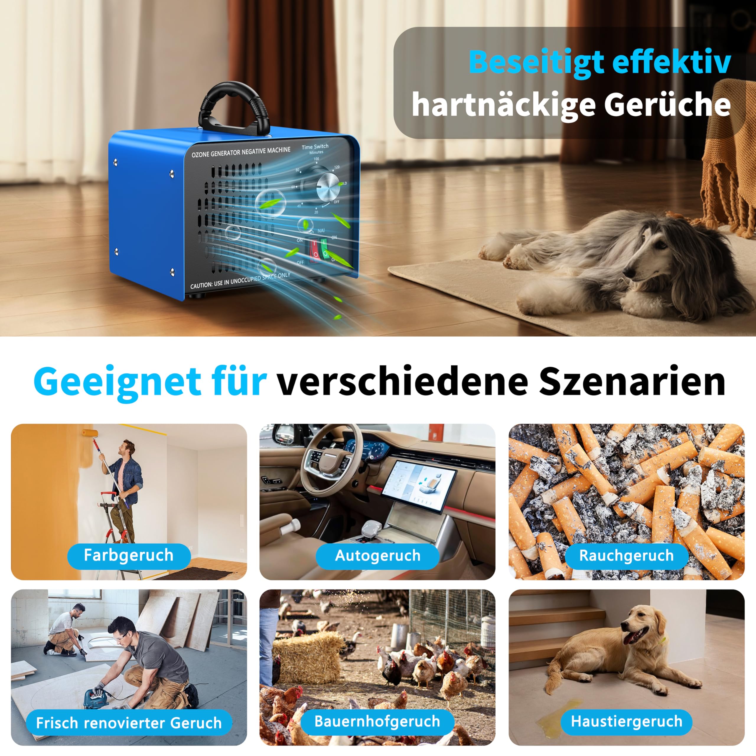 Ozongenerator 100000 mg/h,Ozongerät mit negativen Ionen und 120Min-Timer,ozon luftreiniger zur Geruchsbeseitigung für Auto,Zuhause,Haustiere,Rauch,gewerbliche/industrielle Nutzung/Anwendbar 600m²-Blue