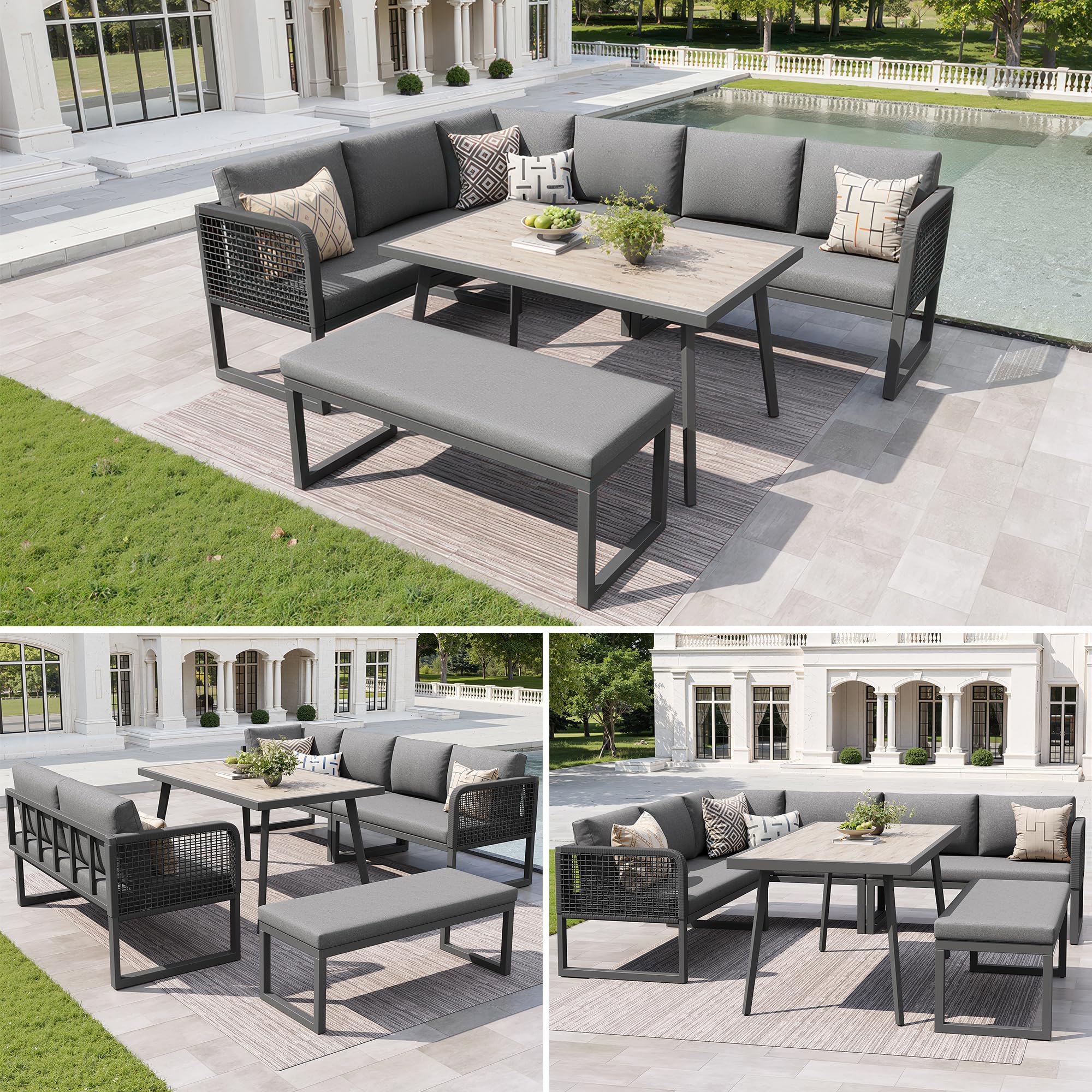 Sapgaks Salon de Jardin d'extérieur 6-8 Places,Canapé d'angle extérieur en L avec Coussin et Table,Rotin PE tissé à la Main,Ensemble de canapé de Jardin résistant aux intempéries,Gris