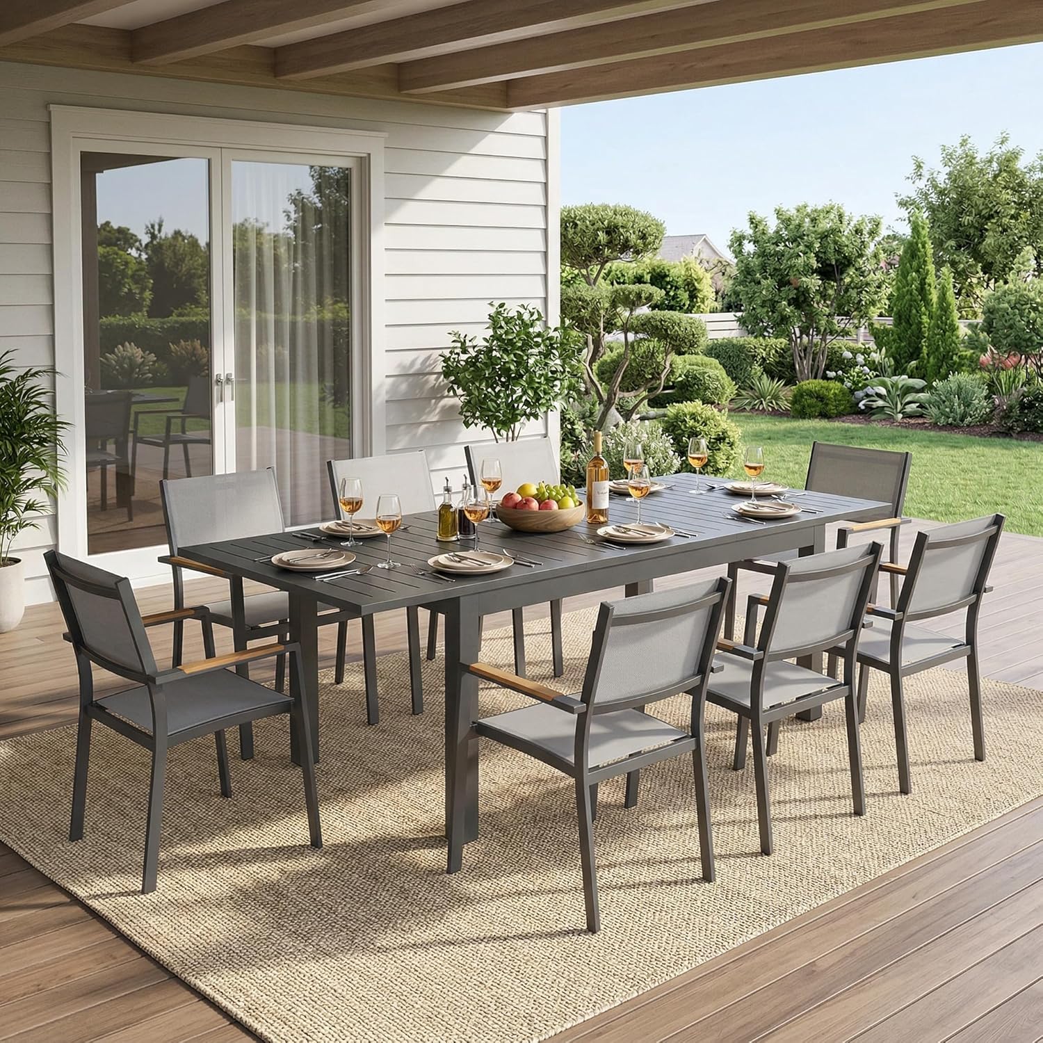 FansaFurn Patio Furniture Set with 92" Extendable Dining Table, Patio Table Set for 4–8 People, All-Weather Aluminum Outdoor Furniture, Outdoor Dining Set for Backyard, Porch, and Garde, Grey