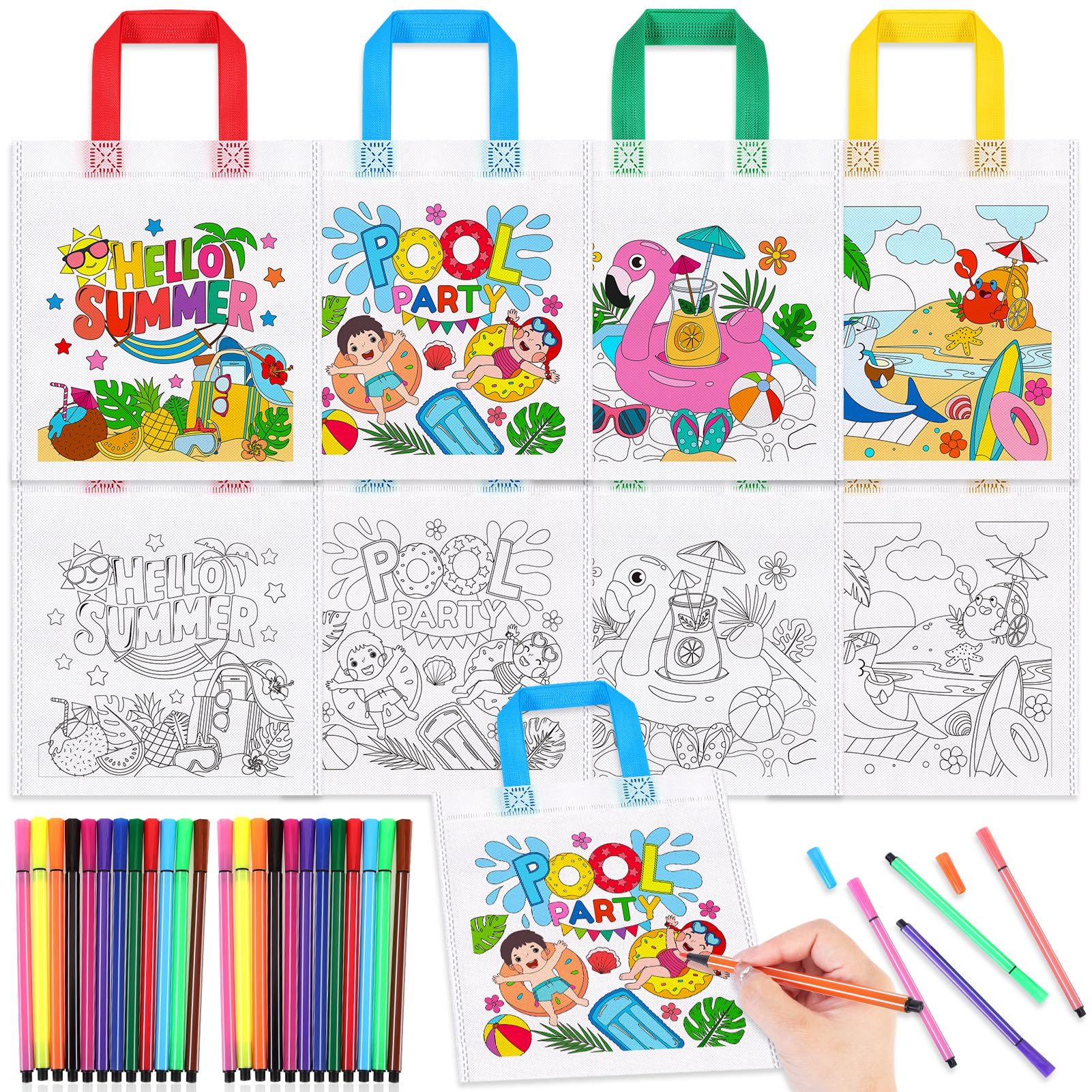 HOWAF 12pcs Summer Pool Party Coloring Candy Bags, Pool Party Coloring Goodie Bags with Paint Pens for Kids, Beach Party Coloring Gift Bags, Pool