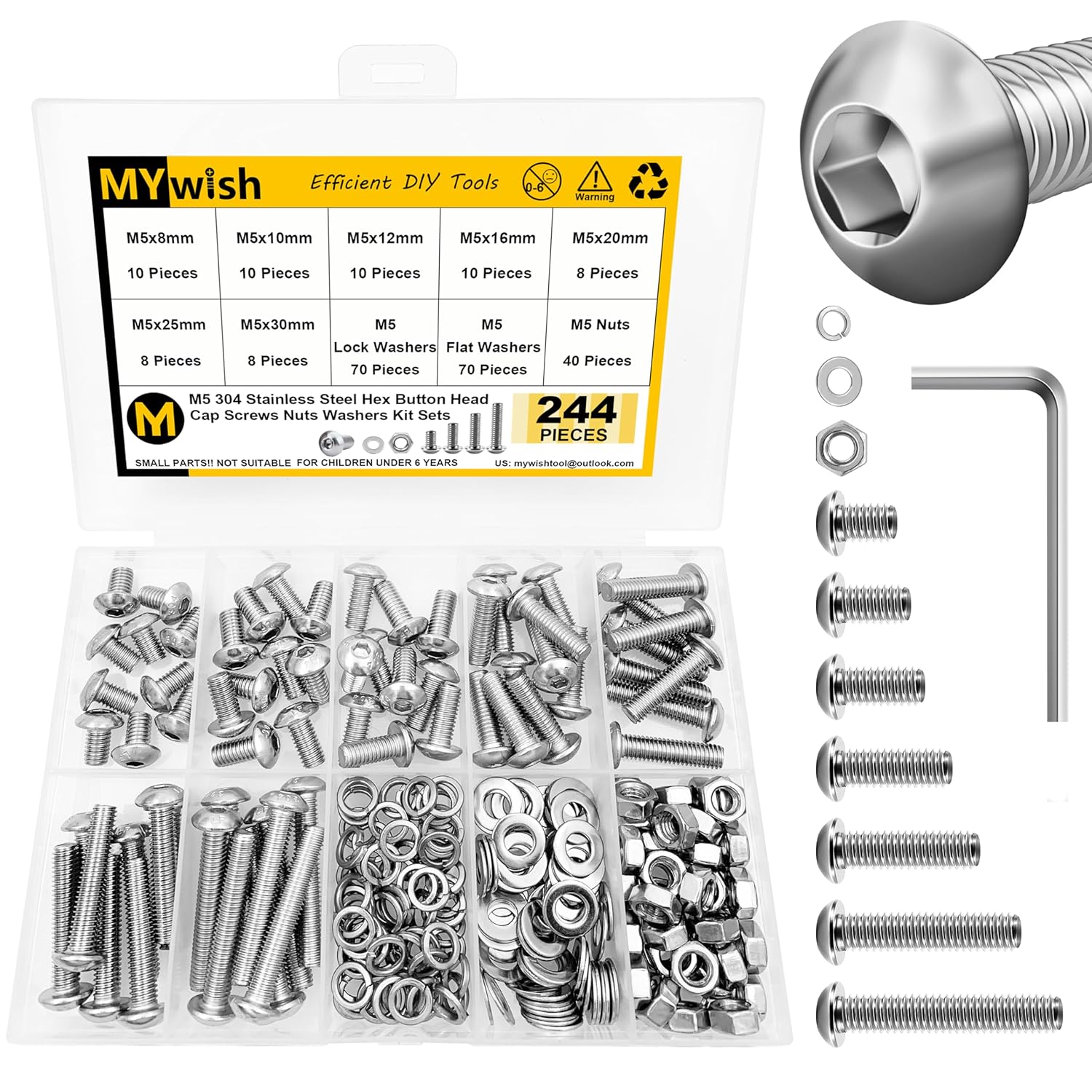 Mywish 244Pcs M5 304 Stainless Stee Metric Screw Assortment & 900Pcs M3 M4 M5 M6 Metric Screw Assortment Kit, Button Head Socket Cap Metric Screws Bolts