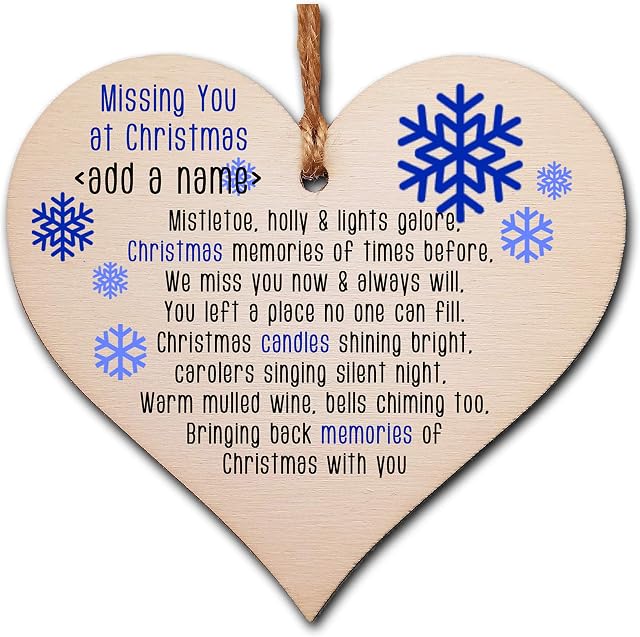 The Plum Penguin Personalised Handmade Wooden Christmas Hanging Heart Plaque Gift Missing you at Xmas sentimental rememberance present tree decoration snowflake lost loved ones