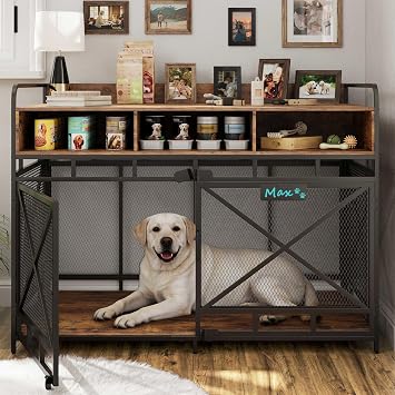 Fulhope Dog Crate Furniture, 48" Heavy Duty Wooden Dog Crate End Table, XL Dog Kennel Furniture Large Breed, Decorative Dog Kenne Indoor with 3 Drawers & Steel Tubes 48" L x28 W x36 H Rustic Brown