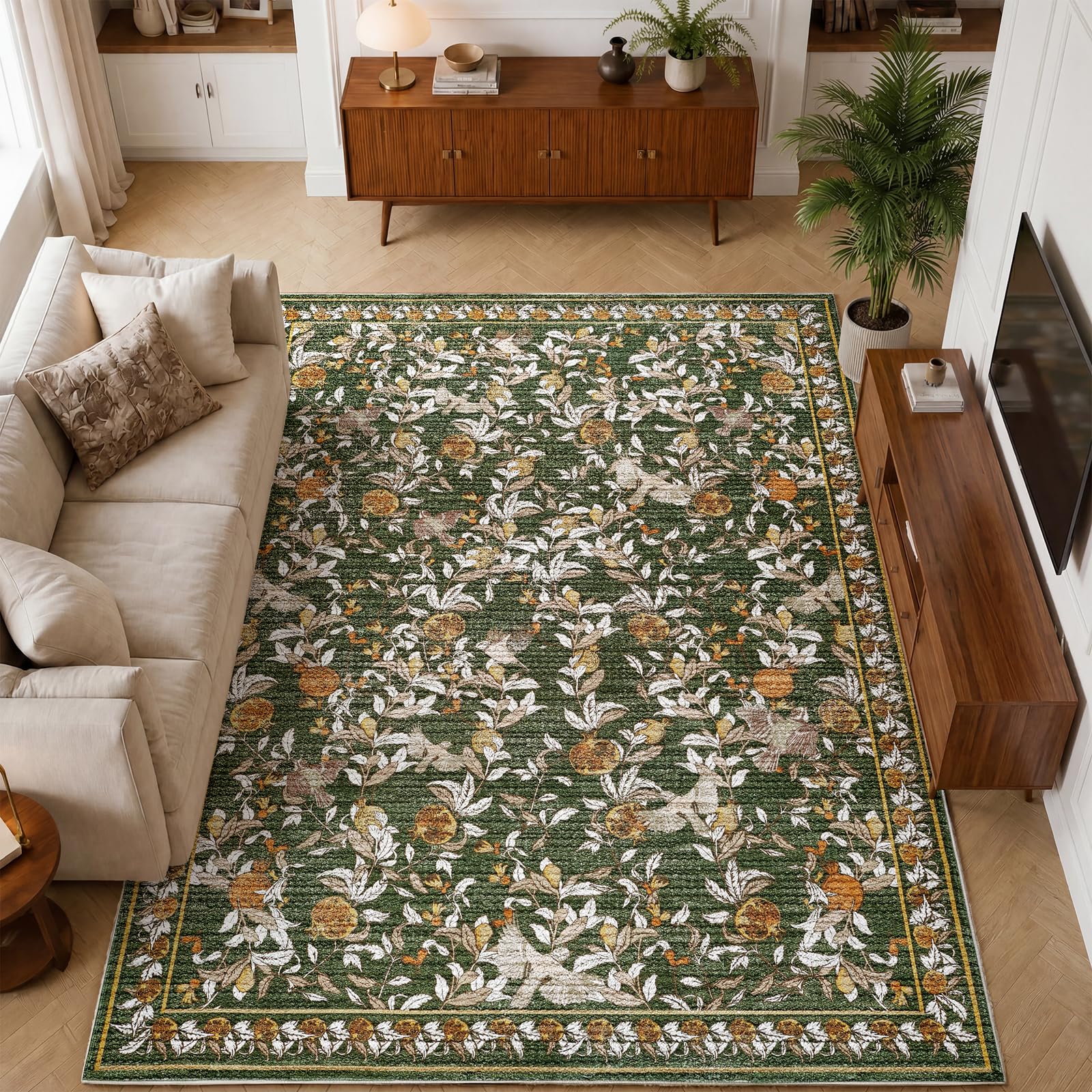 TOPICK Large Rugs for Living Room 200x290cm, Green Washable Soft Cashmere Texture Area Rug for Bedroom, Lightweight Vintage Floral Pomegranate & Bird Printed Non-Slip Rugs, No Slip, Non-Shedding