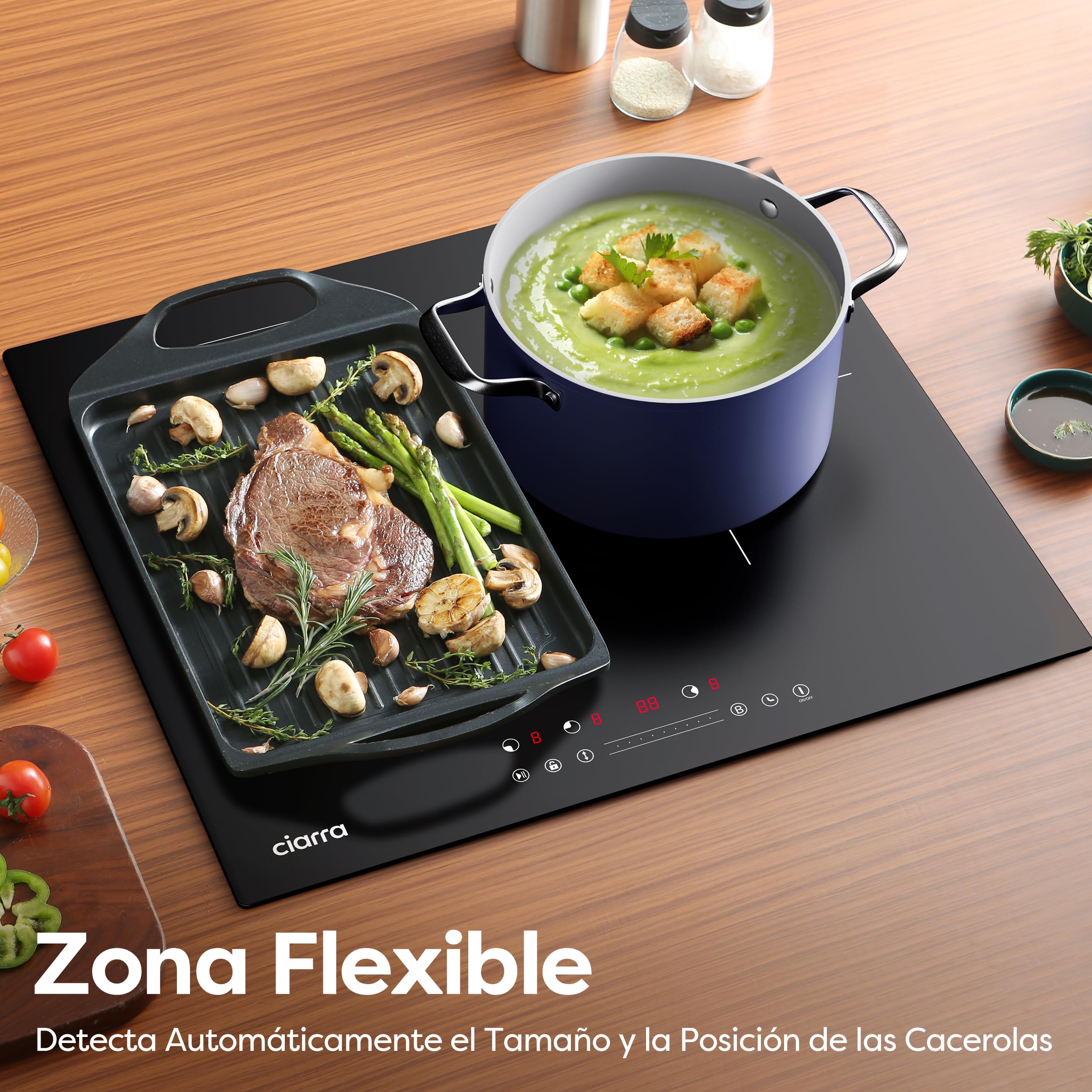 Ciarra Placa de Inducción 3 Zonas Flexible 2 en 1, 60 cm, 6600W | Boost, Función Pausa, Control Táctil Slider, Temporizador, Bloqueo Infantil, Detector de Recipientes