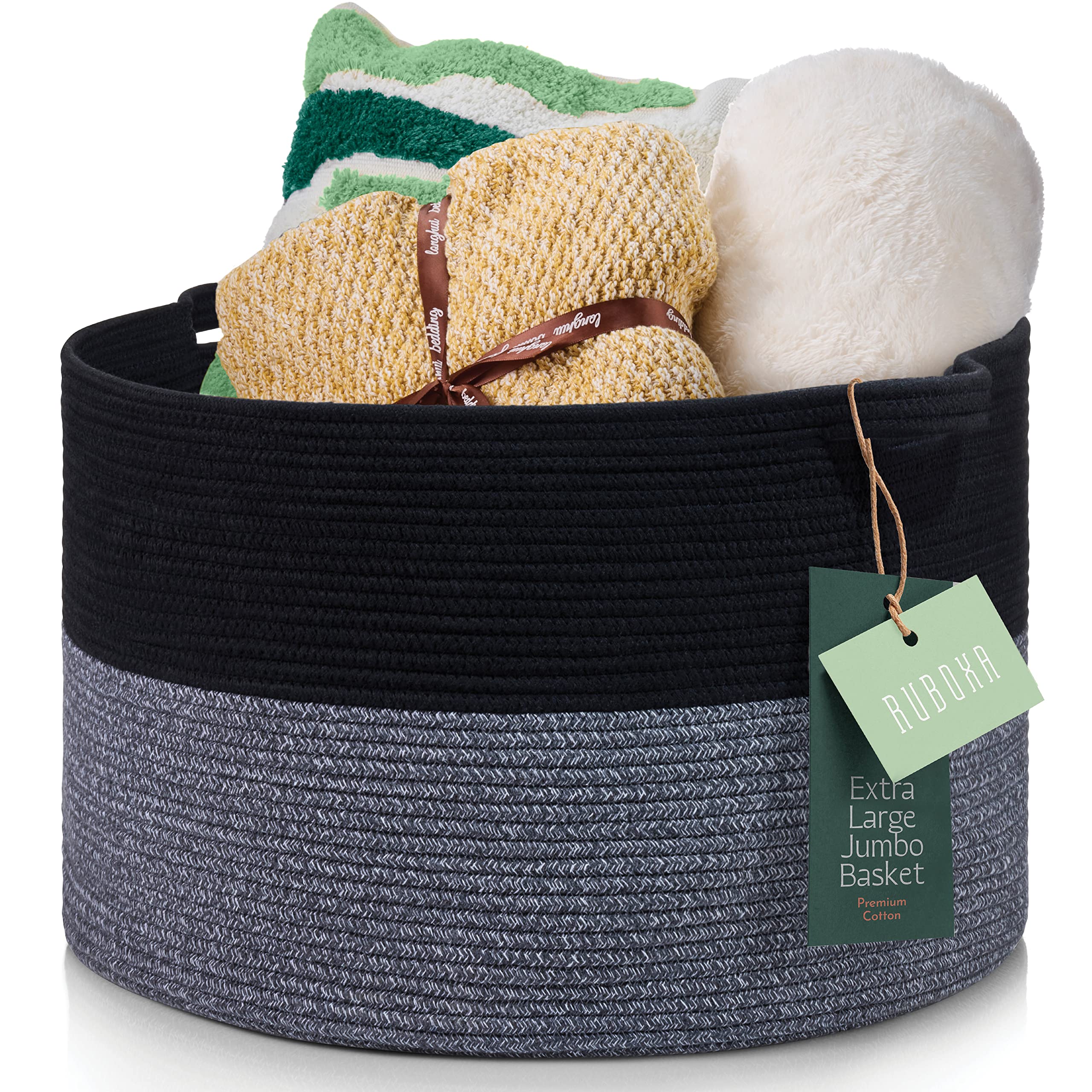 Decorative Jumbo Blanket Basket for Living Room - 100% Cotton Rope Woven Basket for Storage with 2 Easy Carry Handles, Holds up to 40Lb - Ideal for Pillows, Blankets, Laundry Hamper & Baby Toy Bin.