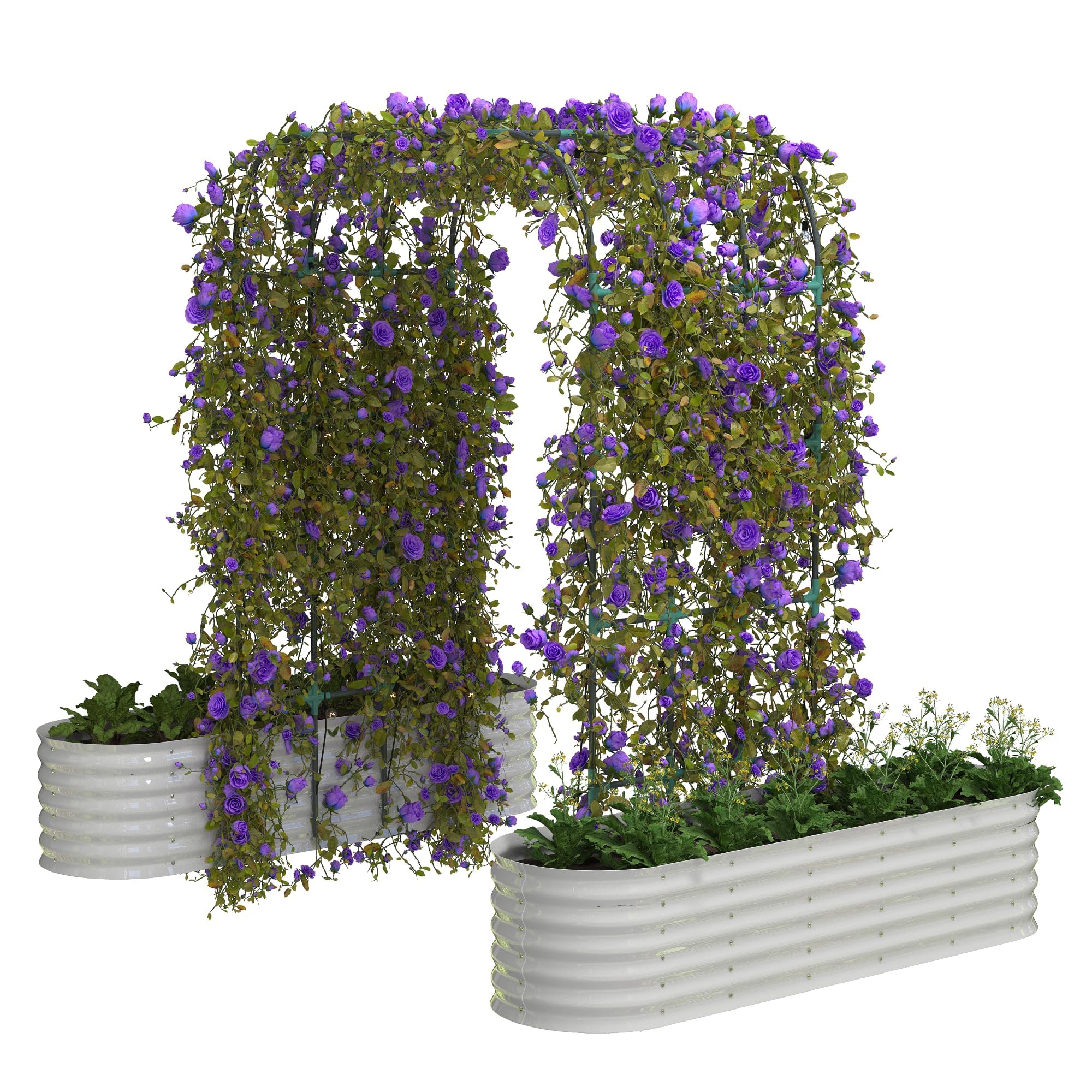 Garvee Cama de Cultivo Elevada de Metal 2 Piezas 200x60x45cm con Arco de Enrejado 180x90x240cm Acero Galvanizado 0.6mm Tuercas de Mariposa para Huerto Urbano Plantas Trepadoras Exterior Beige