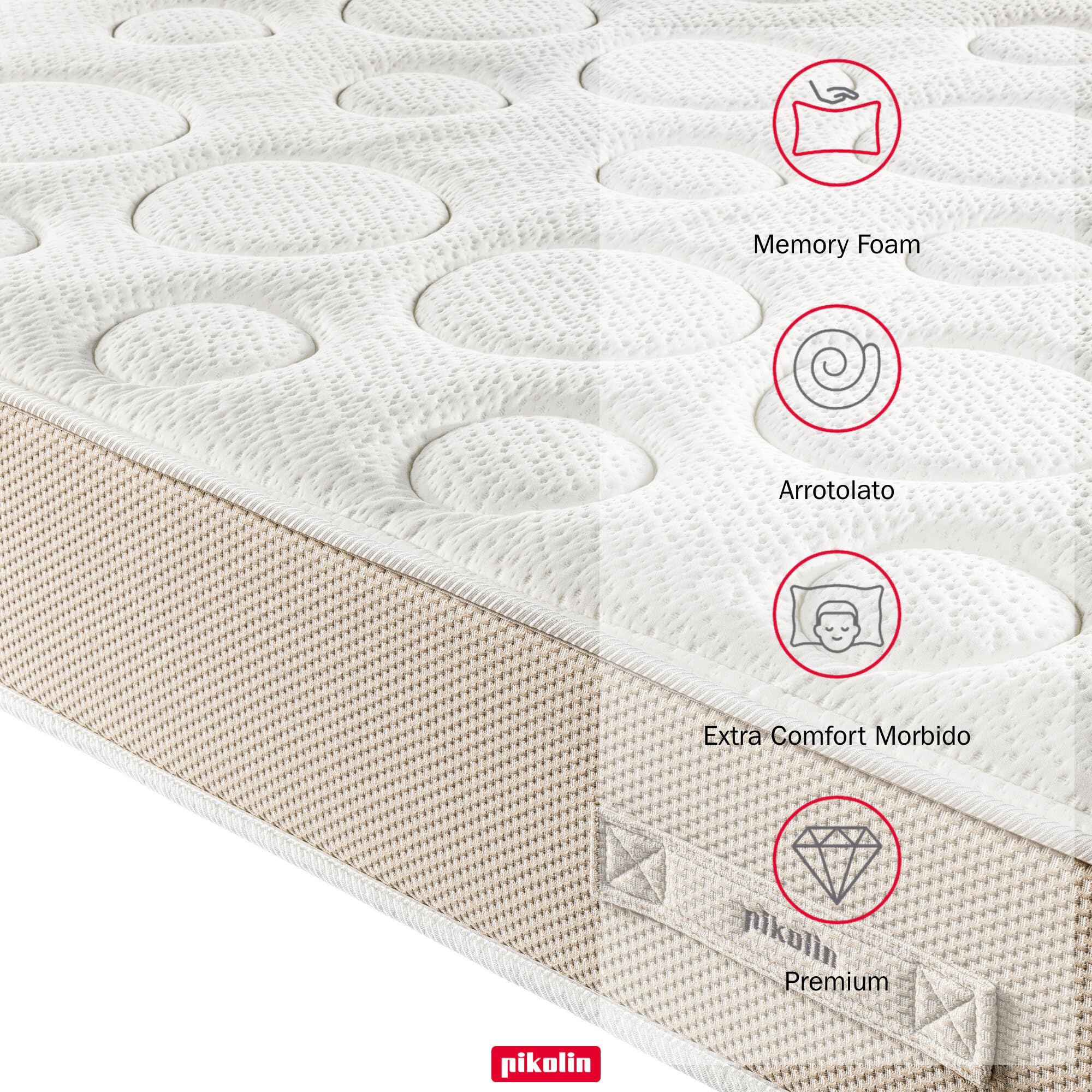 PIKOLIN Materasso Singolo 80 x 190 cm Memory Foam Altezza 28 cm Materasso Ortopedico Premium Nucleo Molle Insacchettate Extra Comfort Doppia Faccia Trattamento Igienico Antiacaro