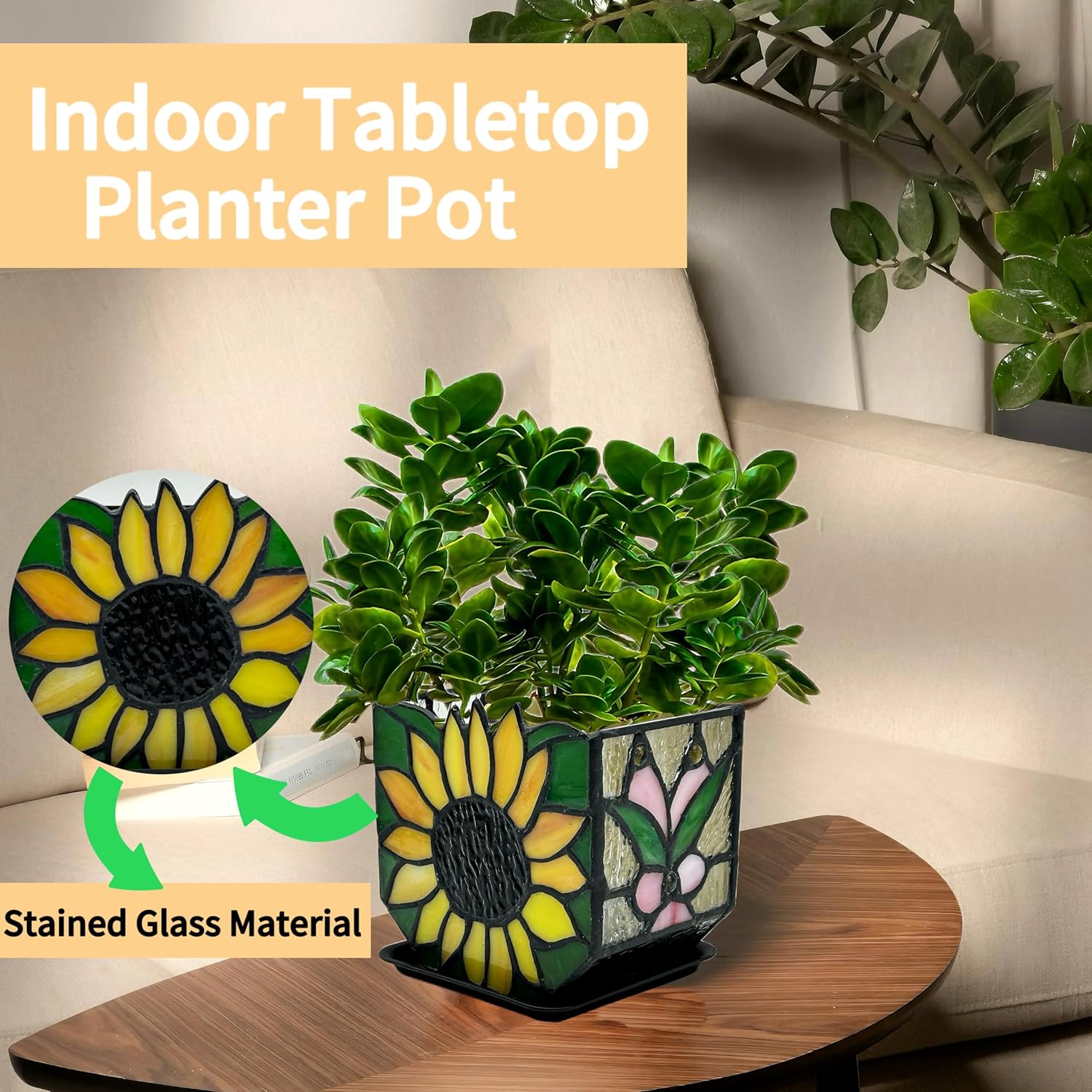 Stained Glass Sunflower Garden Planters,Indoor Plant Pots with Drainage,Unique Plant Pots for Dried Flowers,Sunflower Gifts,4.6 x 3 x 5.15 in