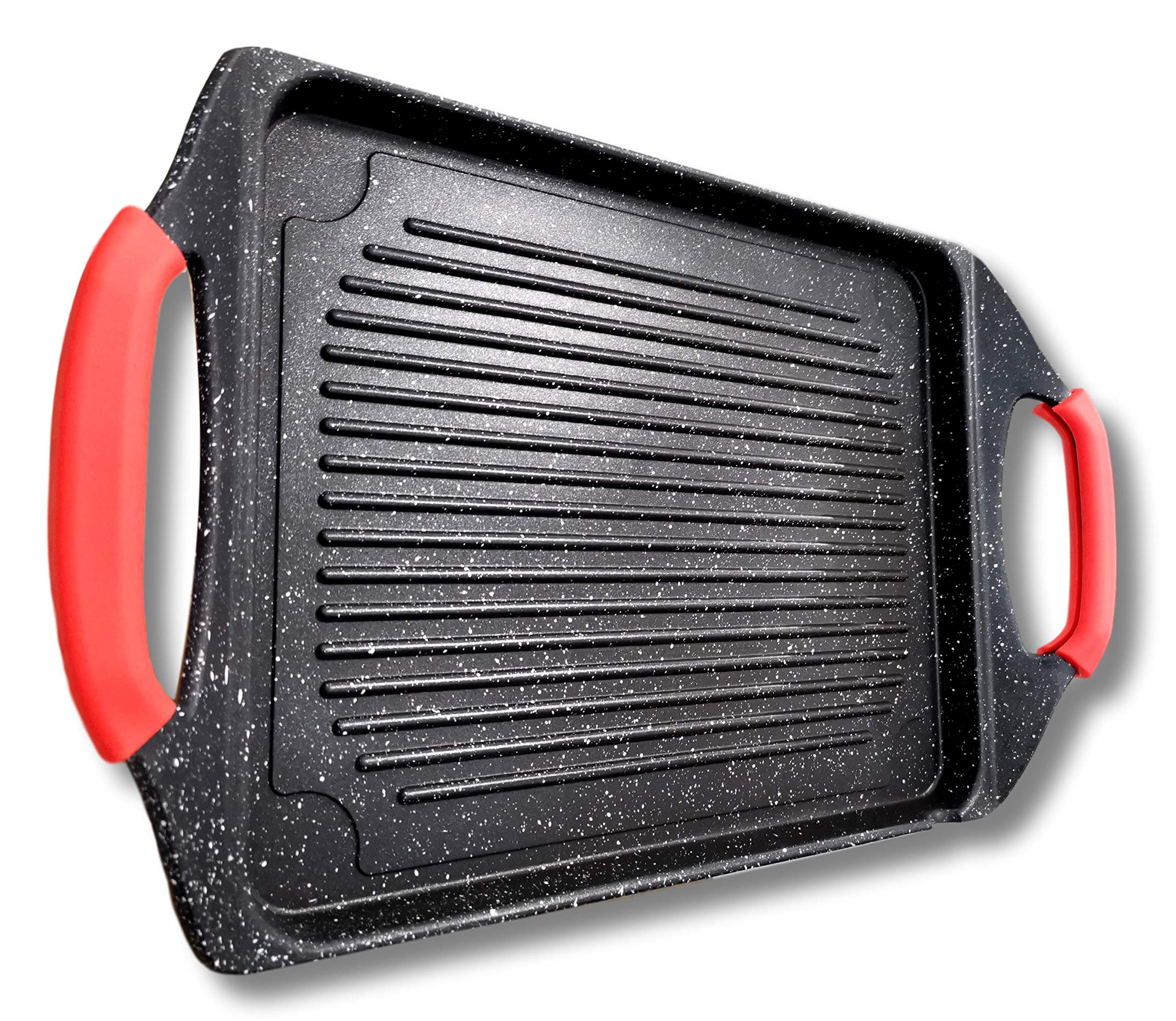 Grande Plancha/Grill Effet Pierre 42x27 cm Greblon C3 Sans PFOA – Poignées Silicone Amovibles-Tous Feux Dont Induction et Four Cuisson Viande, Poisson, Légumes, Fruits de Mer, Cuisine Saine