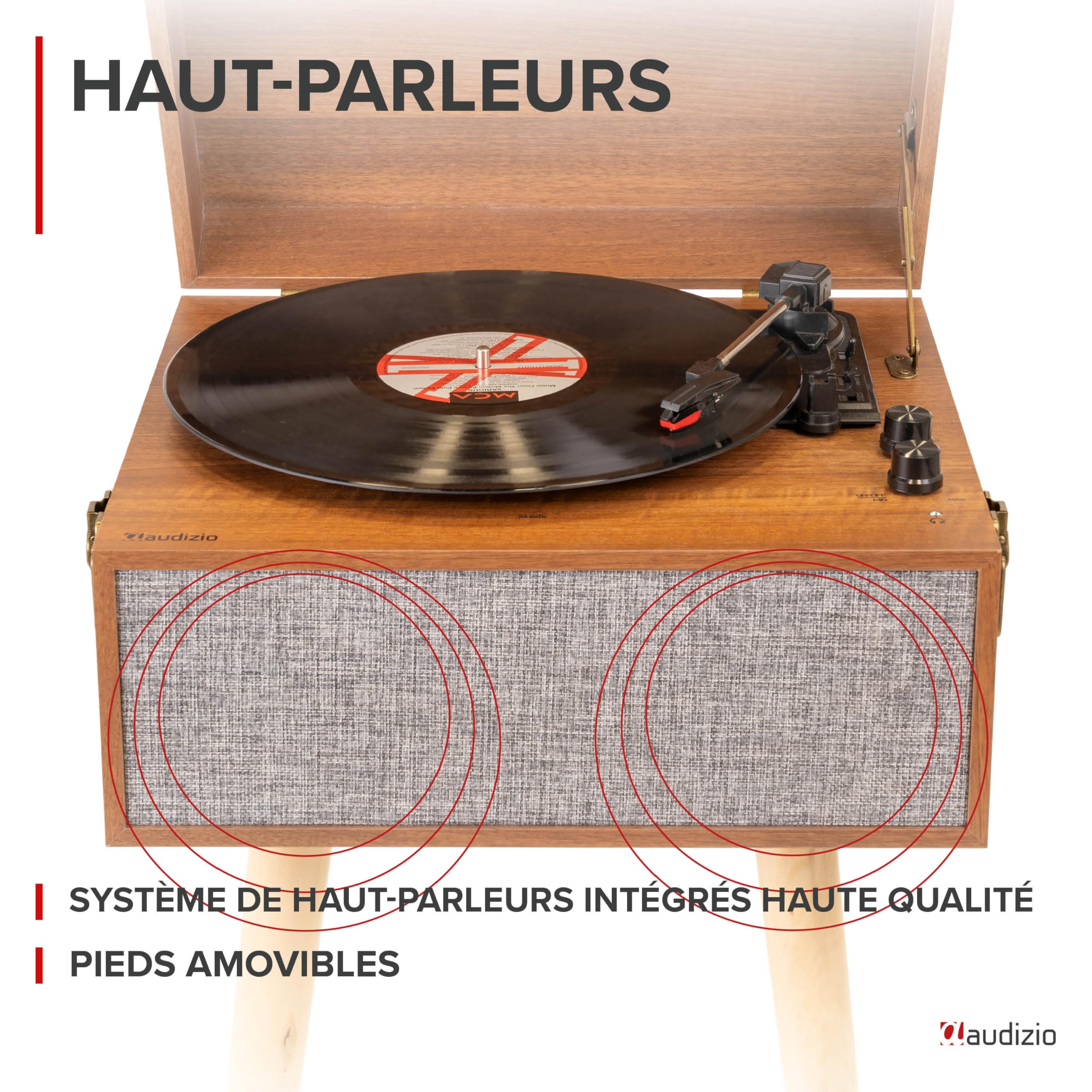 Audizio Fremont Platine Vinyle Meuble Bluetooth, Design Rétro sur Pieds - Noyer, Haut-Parleurs Stéréo, Convient aux Disques 33, 45 et 78 Tours, Idéal pour Décorer Votre Intérieur