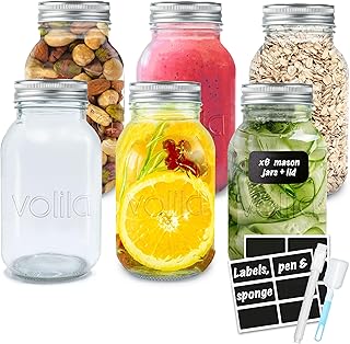 volila Glass Mason Jars with Lids (1000ml) - Large Glass Storage Jars 1L (6 Pack) - Canning Jars for Overnight Oats, Pickling, and Jam Making - Glass Jars with Lids, Cleaning Brush, Labels, Chalk Pen