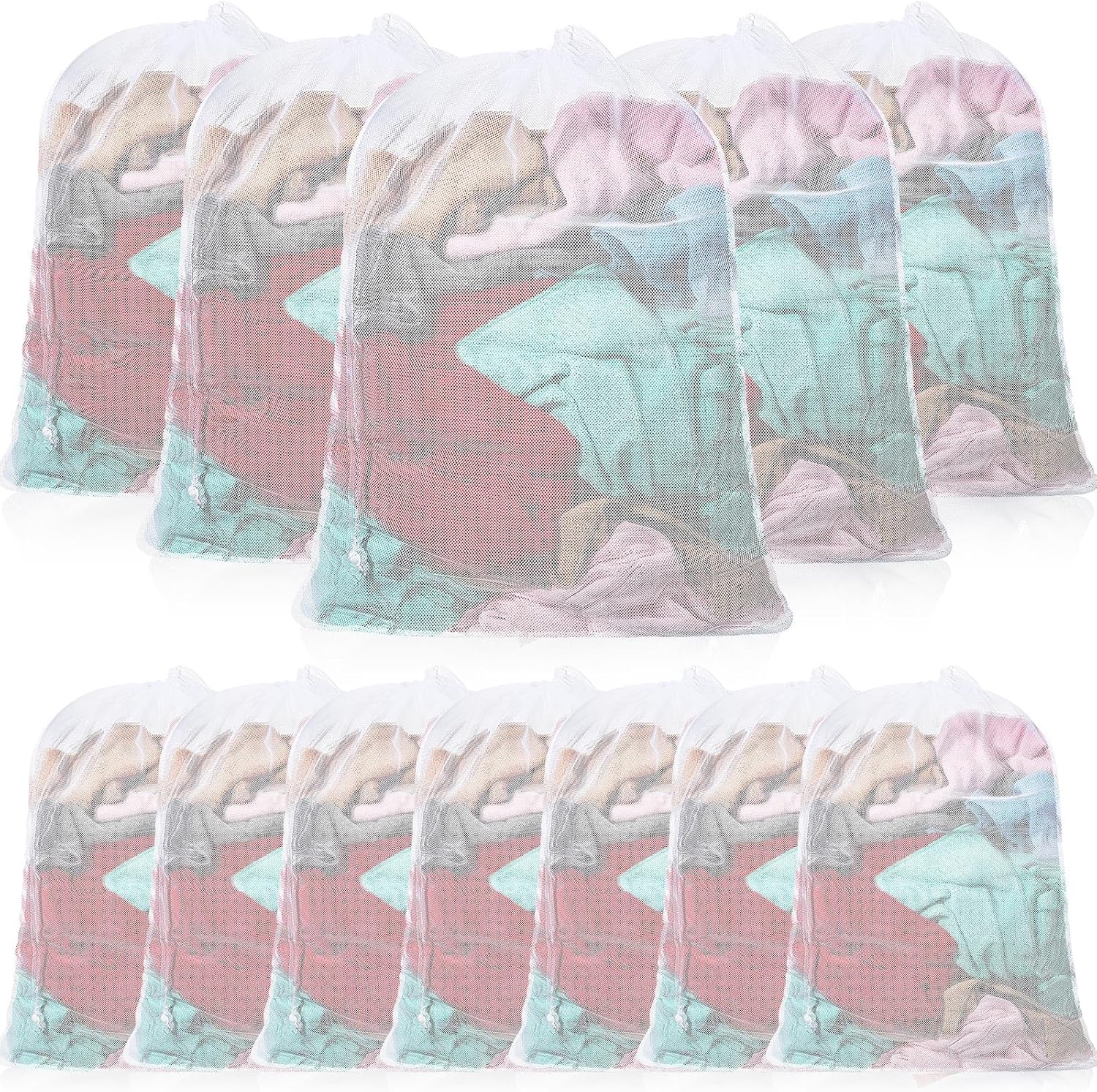 12 Pack Mesh Laundry Bag large Drawstring Heavy Duty Bag Bulk, 24 x 36 Inches Durable Machine Washable Storage Bag for Factories, College, Dorm and Apartment Dwellers, White