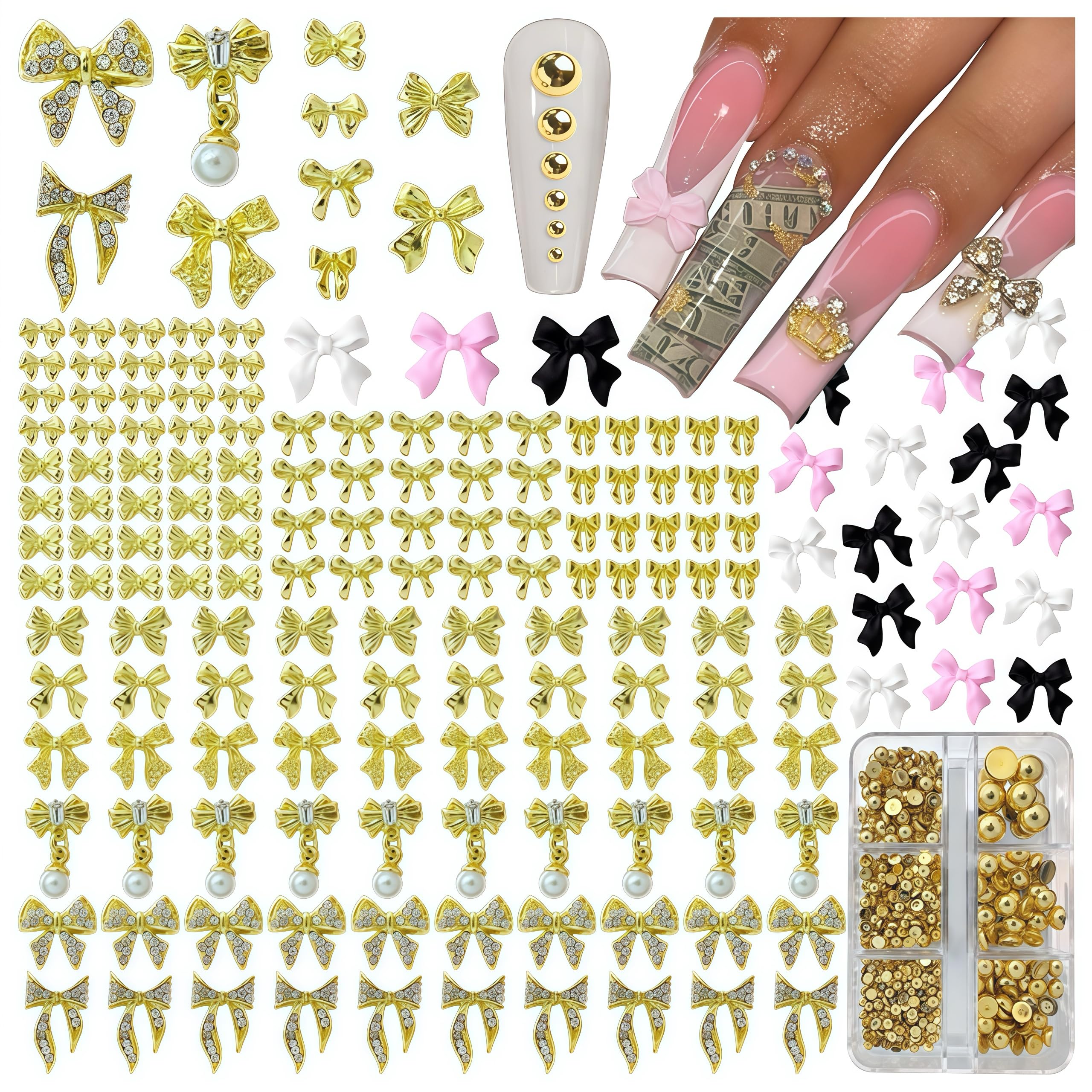 Gehaiwo 290PCS Gold Bow Nail Charms 1Box Gold Nail Pearls，Nail Art Rhinestones Alloy Nail Accessories for Acrylic Nails,White Black Bow Nail Jewels